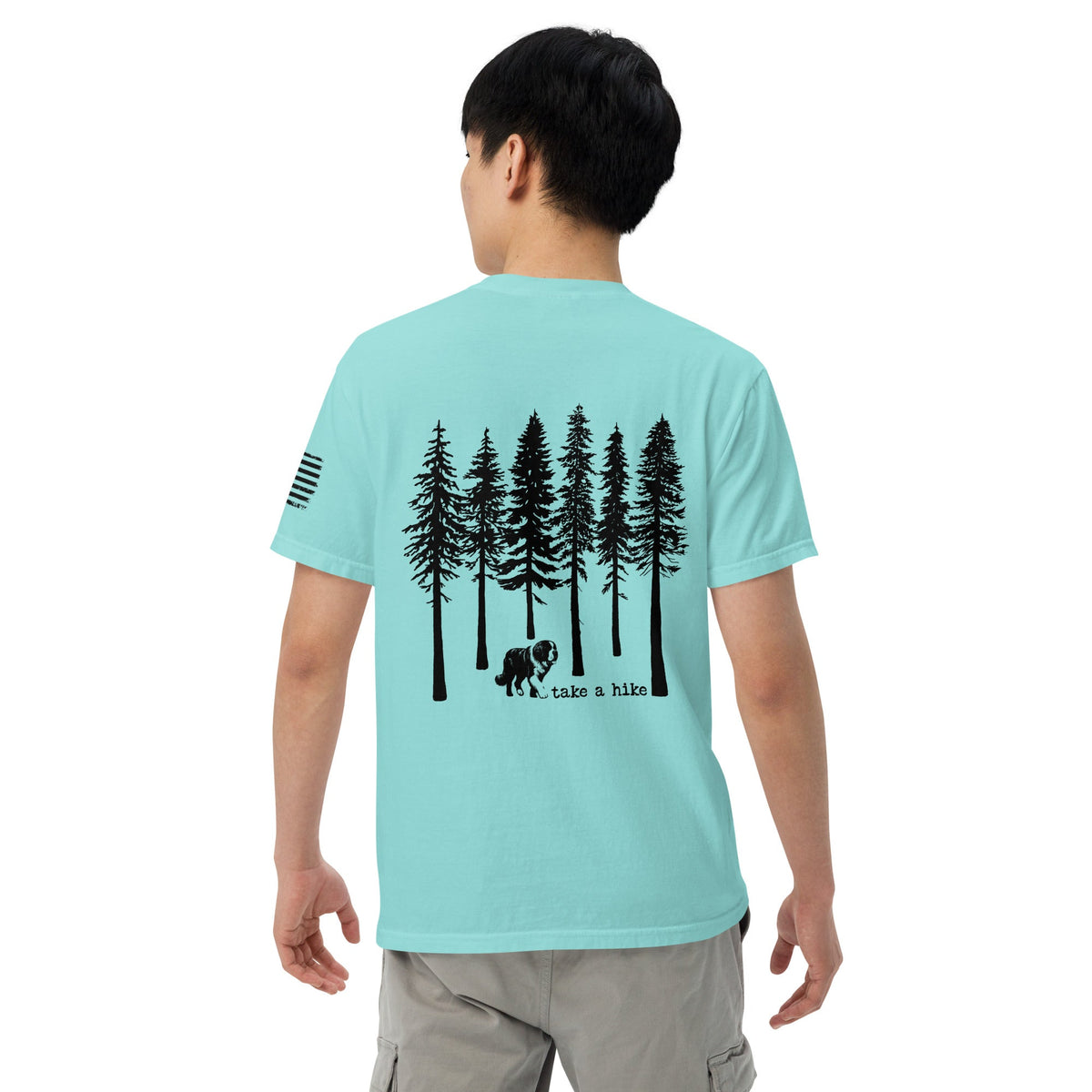 Take a Hike Redwoods w USA Flag Comfort Colors Heavyweight T - Shirt - Light Colors - Lucy + Norman