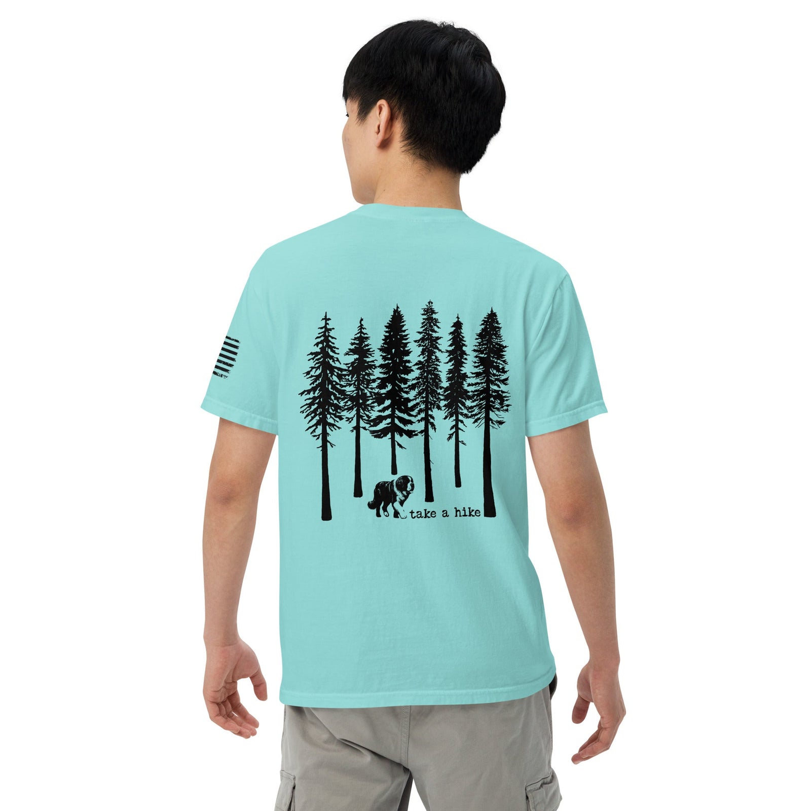Take a Hike Redwoods w USA Flag Comfort Colors Heavyweight T - Shirt - Light Colors - Lucy + Norman