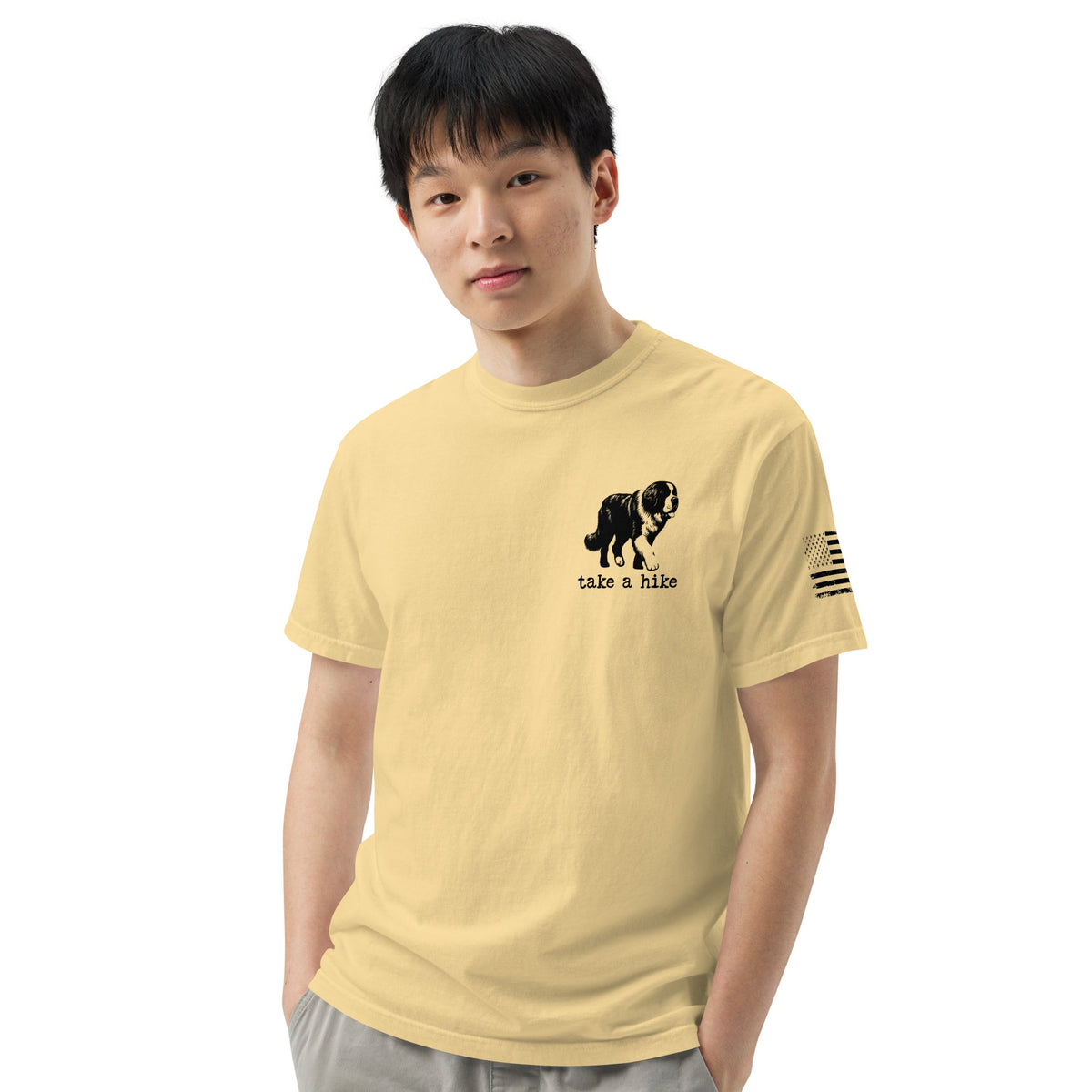 Take a Hike Redwoods w USA Flag Comfort Colors Heavyweight T - Shirt - Light Colors - Lucy + Norman