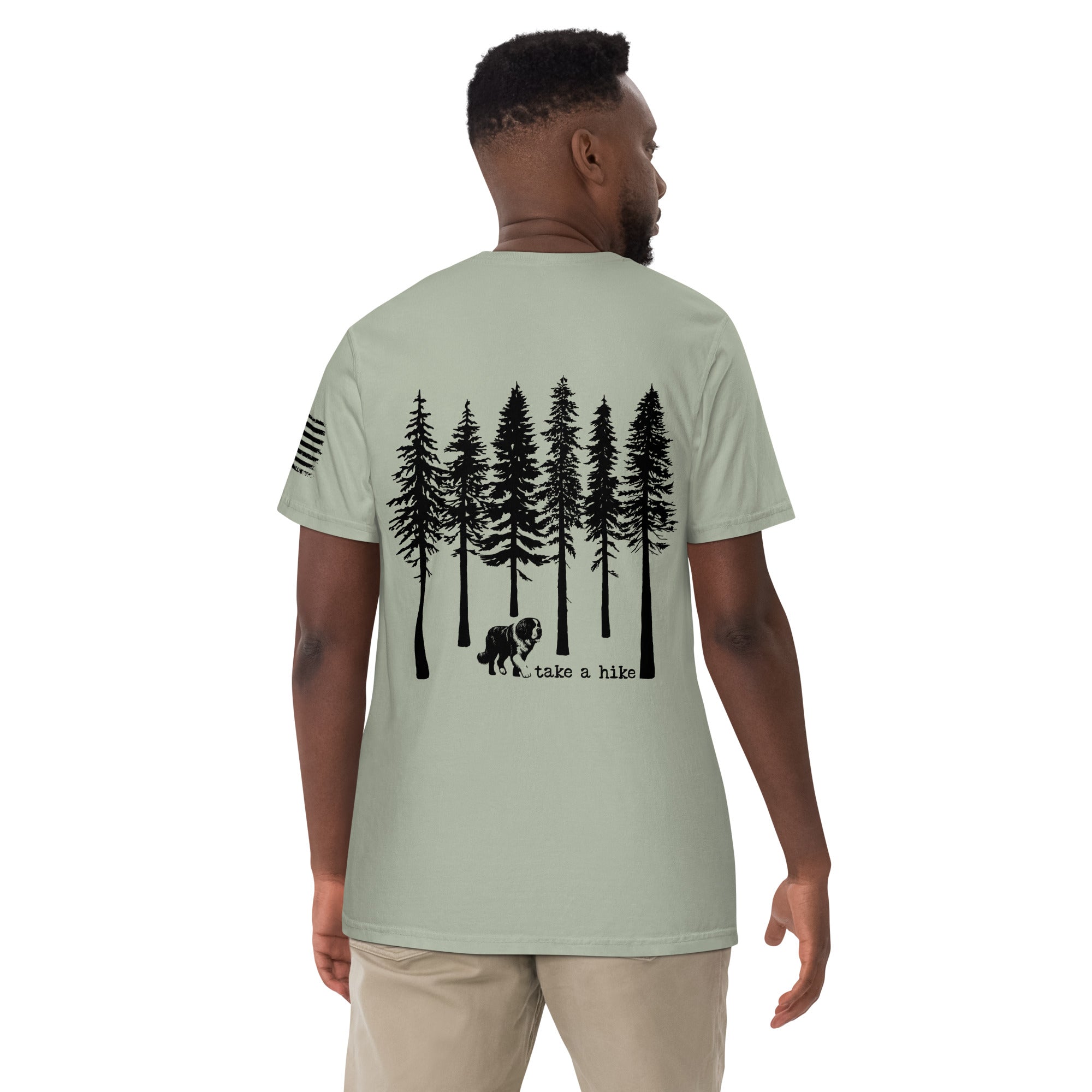 Take a Hike Redwoods w USA Flag Comfort Colors Heavyweight T - Shirt - Light Colors - Lucy + Norman