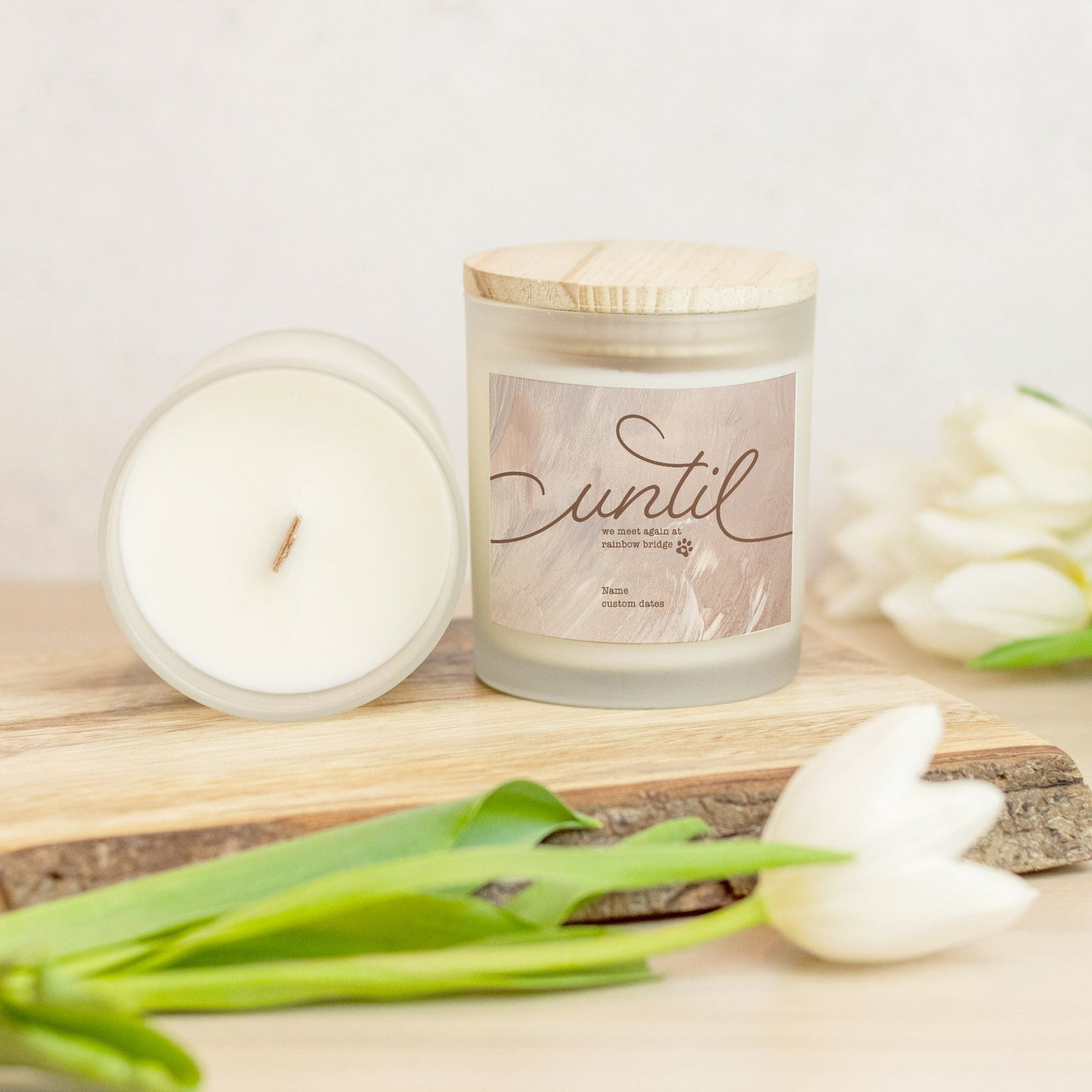 Until We Meet Again at Rainbow Bridge Dog Memorial Frosted Glass Candle - Lucy + Norman