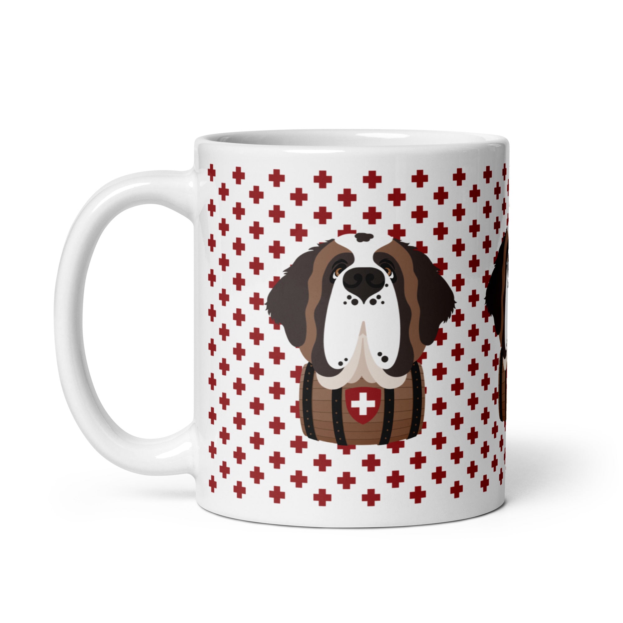 White ceramic 11 ounce mug featuring a cute illustrated Saint Bernard dog wearing a rescue barrel, surrounded by a red Swiss cross pattern. Perfect gift for St Bernard dog lovers and Swiss Alps fans by Lucy and Norman.
