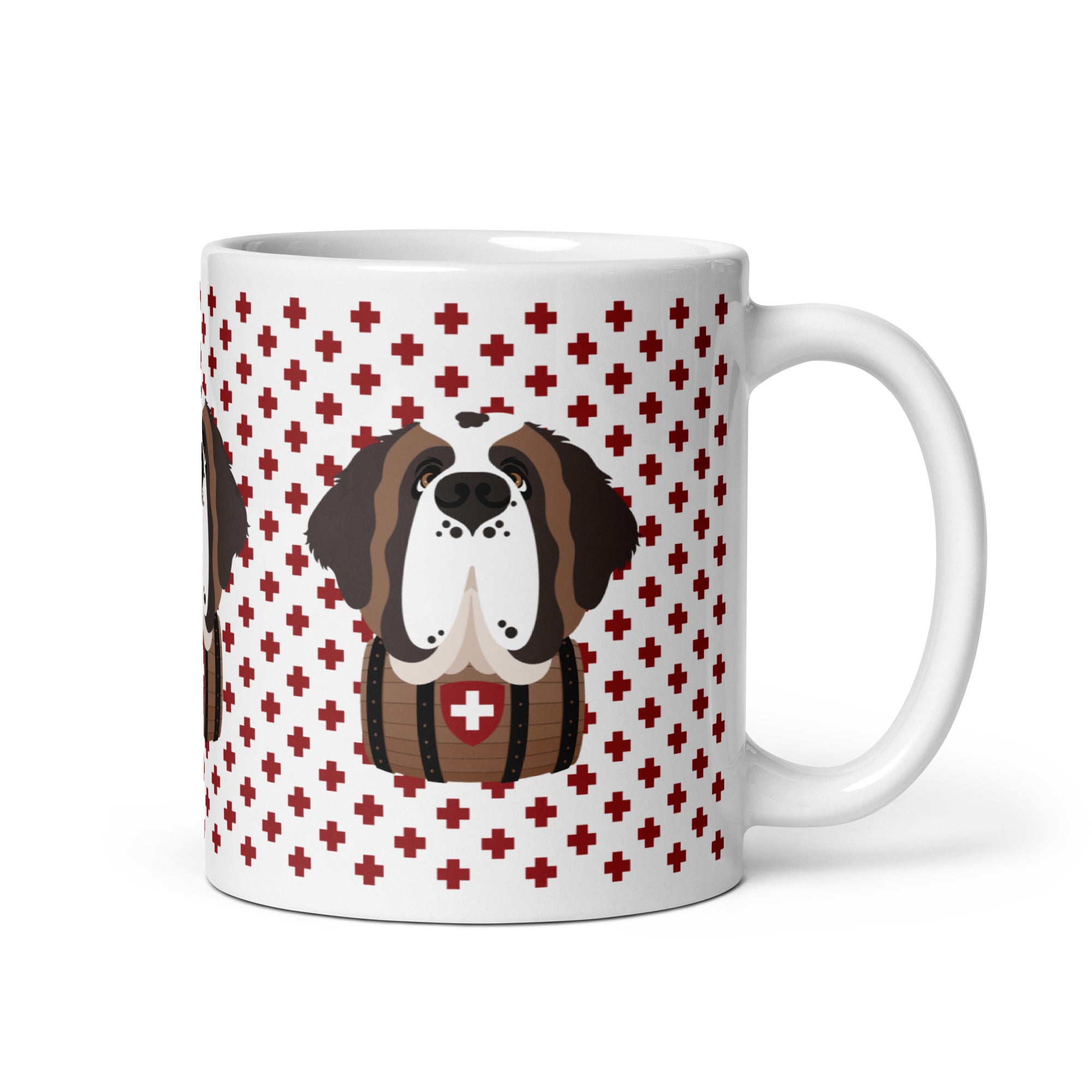 White ceramic 11 ounce mug featuring a cute illustrated Saint Bernard dog wearing a rescue barrel, surrounded by a red Swiss cross pattern. Perfect gift for St Bernard dog lovers and Swiss Alps fans by Lucy and Norman.