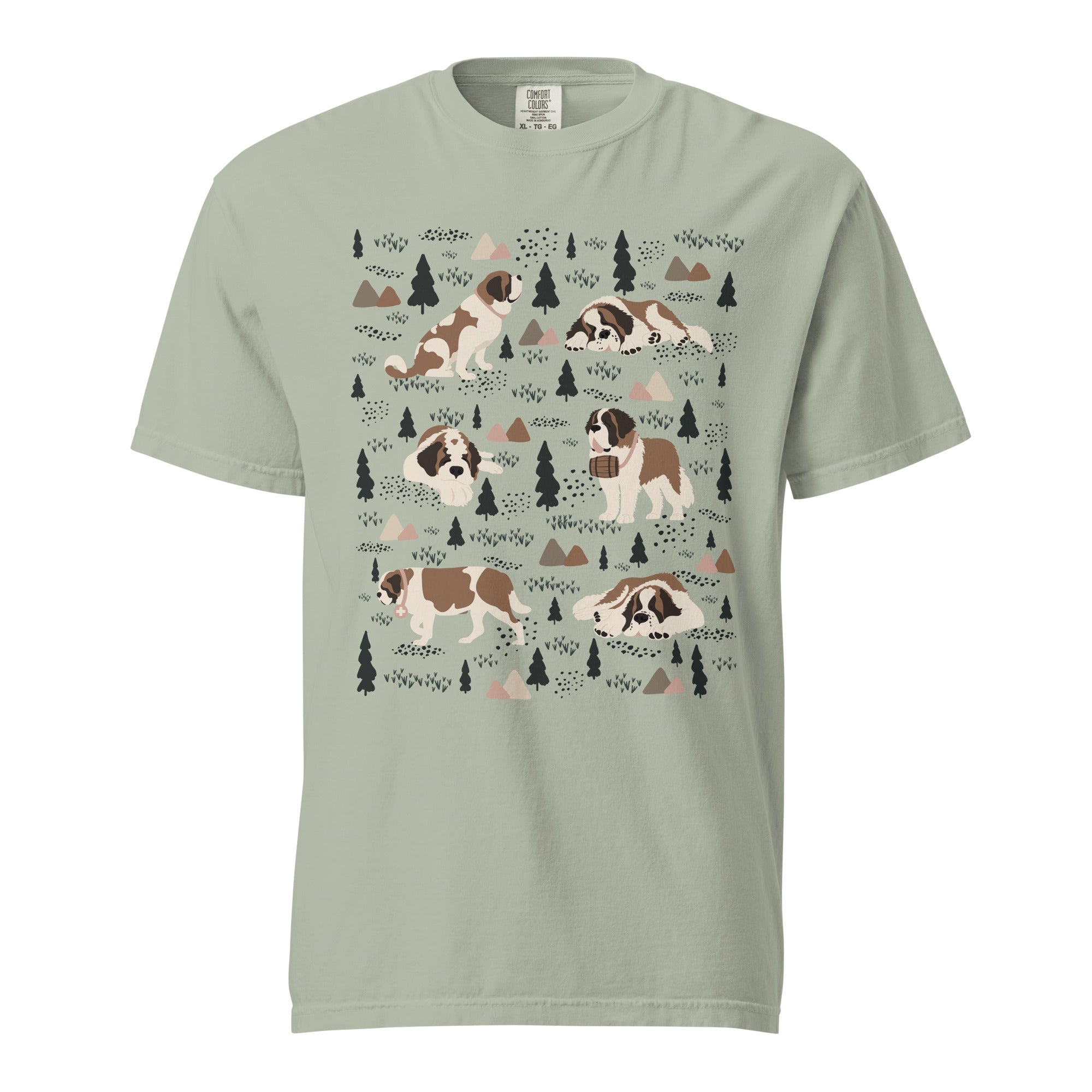 Comfort Colors bay green t-shirt featuring a woodland-themed Saint Bernard dog woodland and mountains pattern with six adorable Saint Bernards in various poses, perfect Saint Bernard gift for dog lovers.