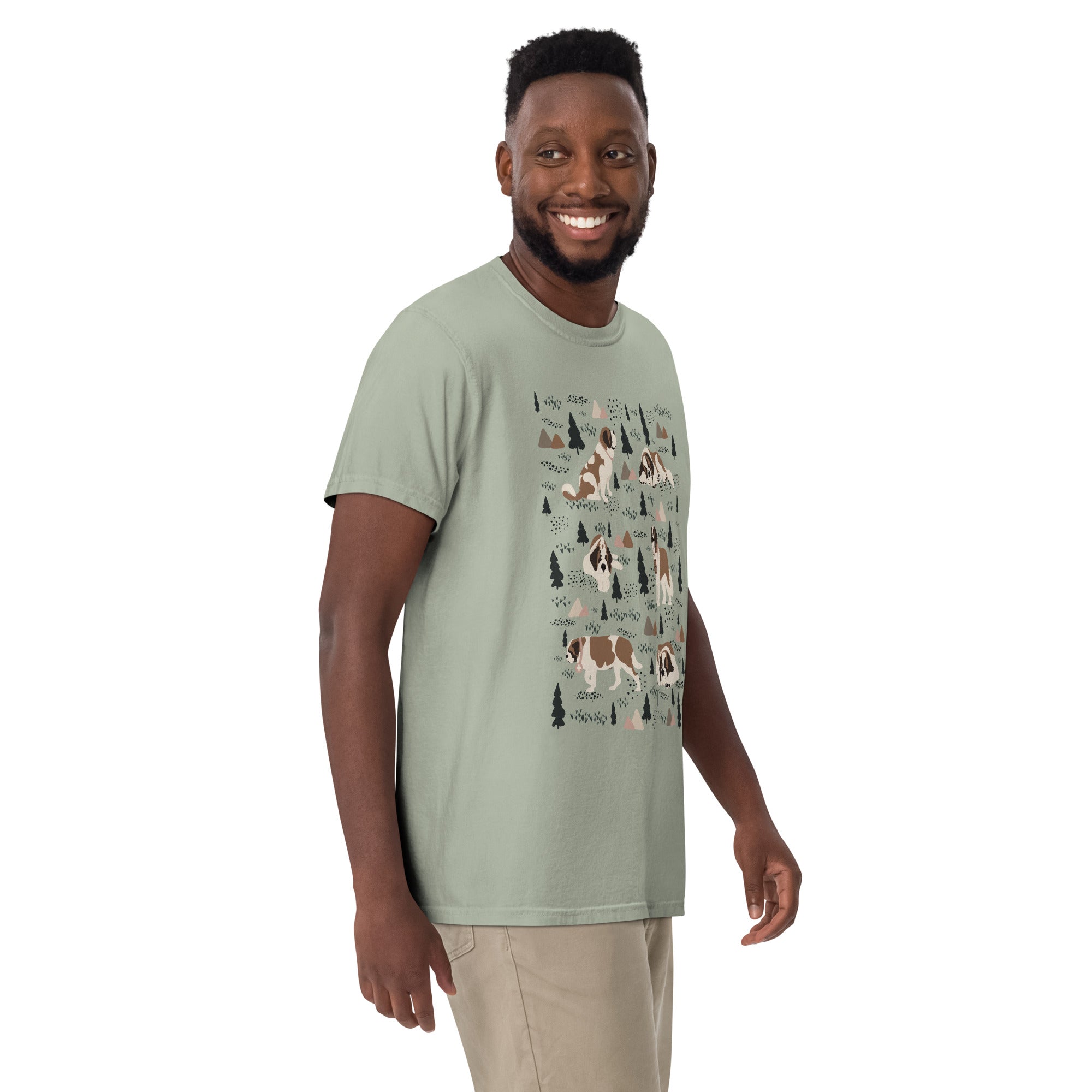 Comfort Colors bay green t-shirt featuring a woodland-themed Saint Bernard dog woodland and mountains pattern with six adorable Saint Bernards in various poses, perfect Saint Bernard gift for dog lovers.