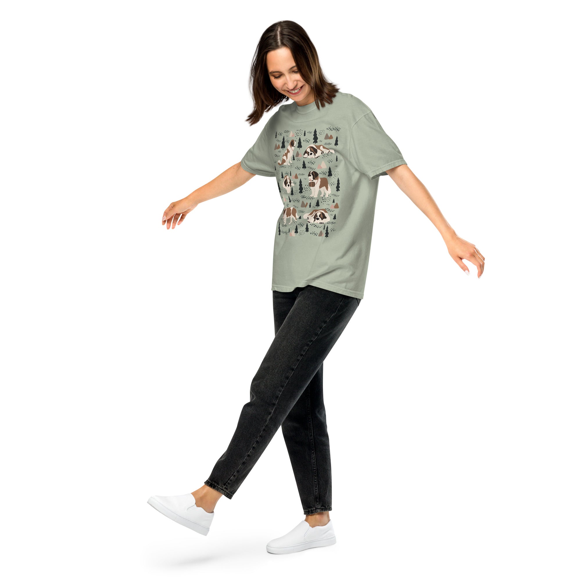 Comfort Colors bay green t-shirt featuring a woodland-themed Saint Bernard dog woodland and mountains pattern with six adorable Saint Bernards in various poses, perfect Saint Bernard gift for dog lovers.