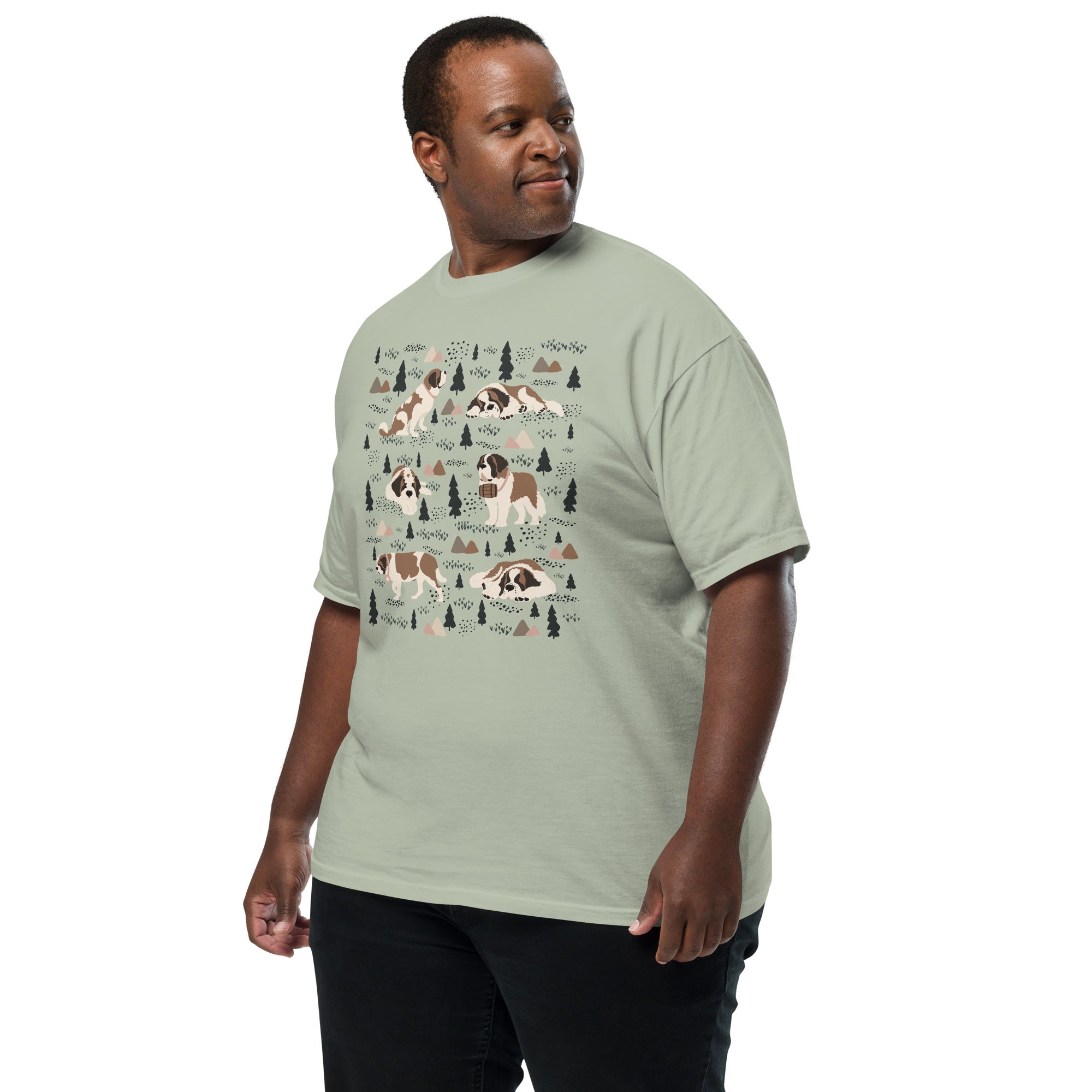 Comfort Colors bay green t-shirt featuring a woodland-themed Saint Bernard dog woodland and mountains pattern with six adorable Saint Bernards in various poses, perfect Saint Bernard gift for dog lovers.