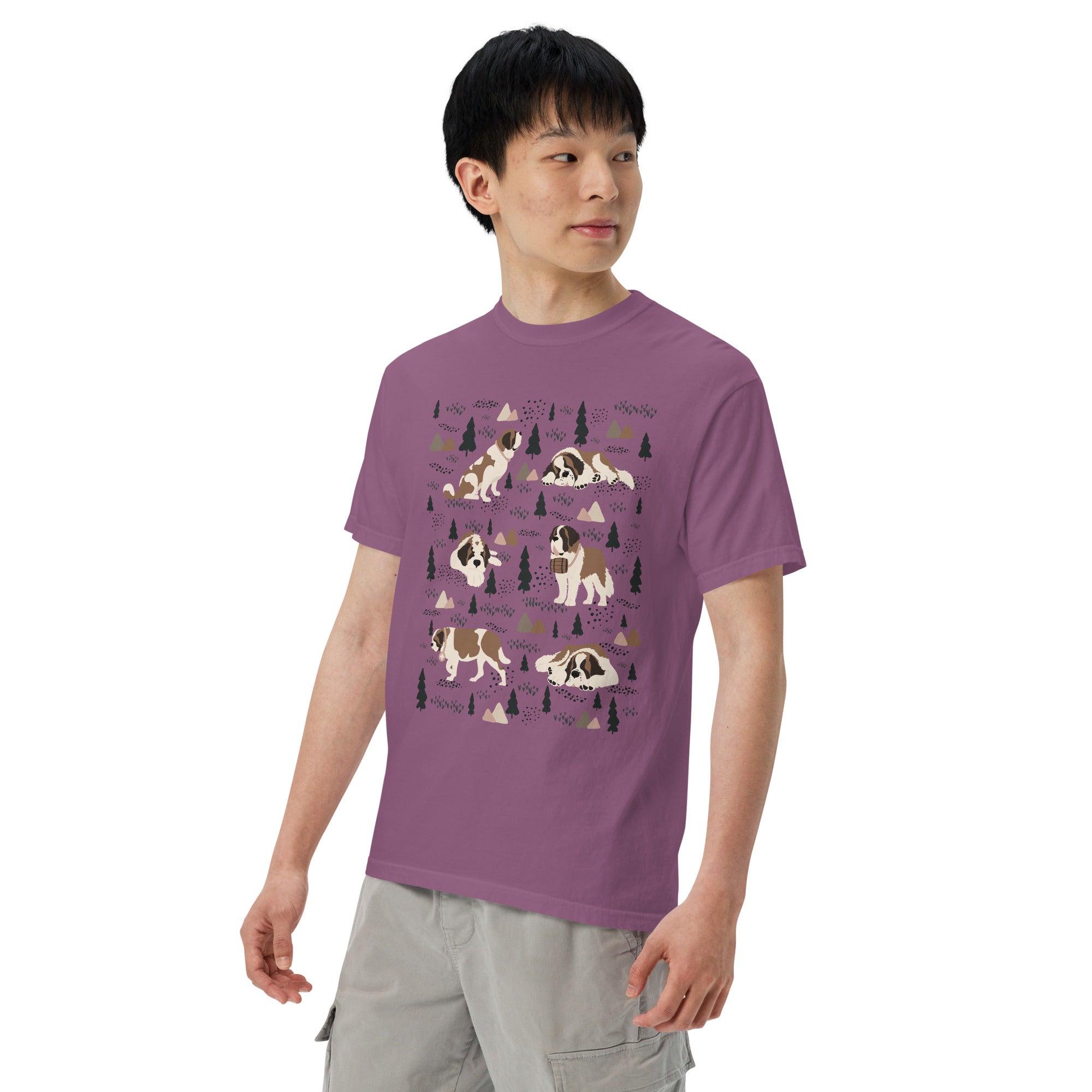 Comfort Colors Berry t-shirt featuring a woodland-themed Saint Bernard dog woodland and mountains pattern with six adorable Saint Bernards in various poses, perfect Saint Bernard gift for dog lovers.