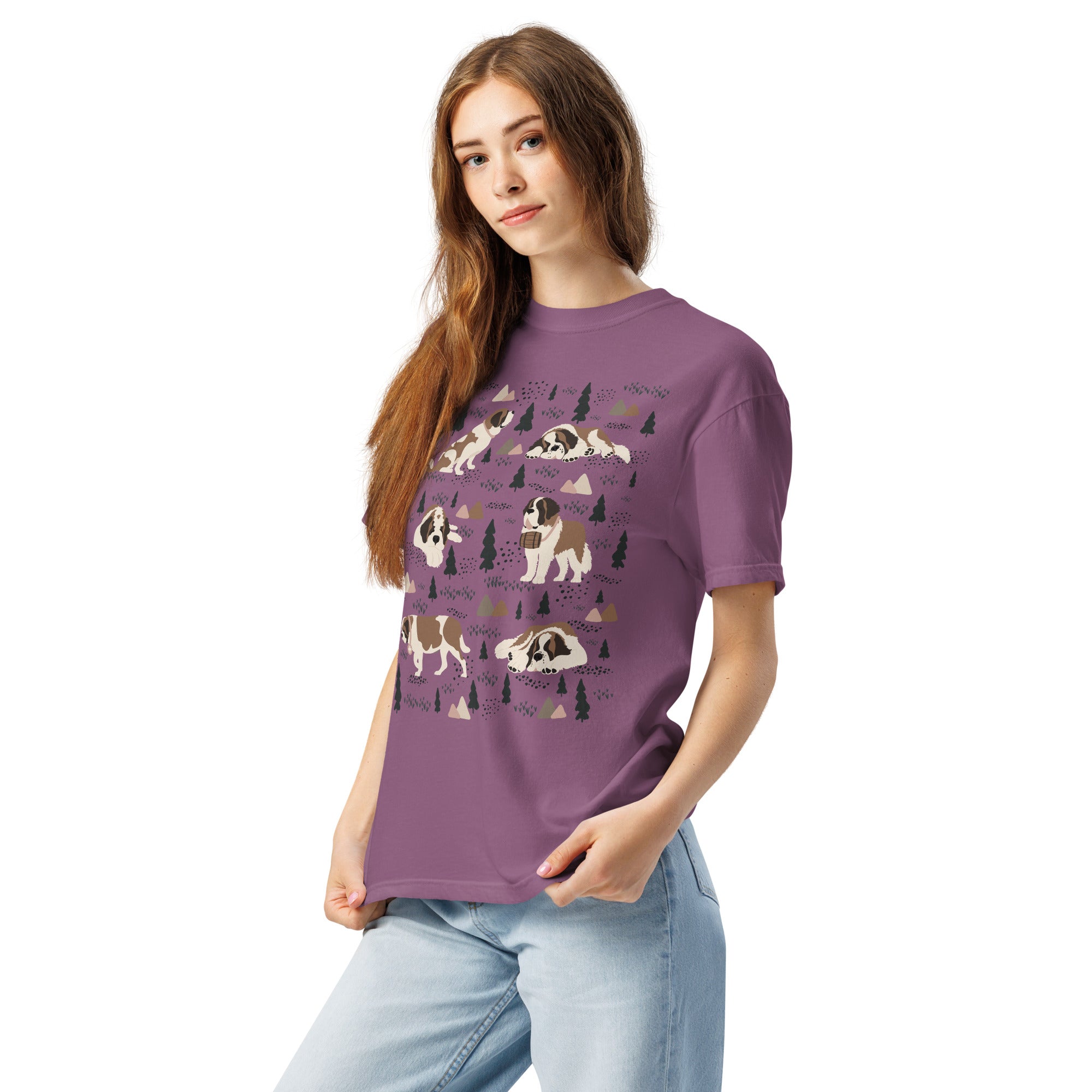 Comfort Colors Berry t-shirt featuring a woodland-themed Saint Bernard dog woodland and mountains pattern with six adorable Saint Bernards in various poses, perfect Saint Bernard gift for dog lovers.