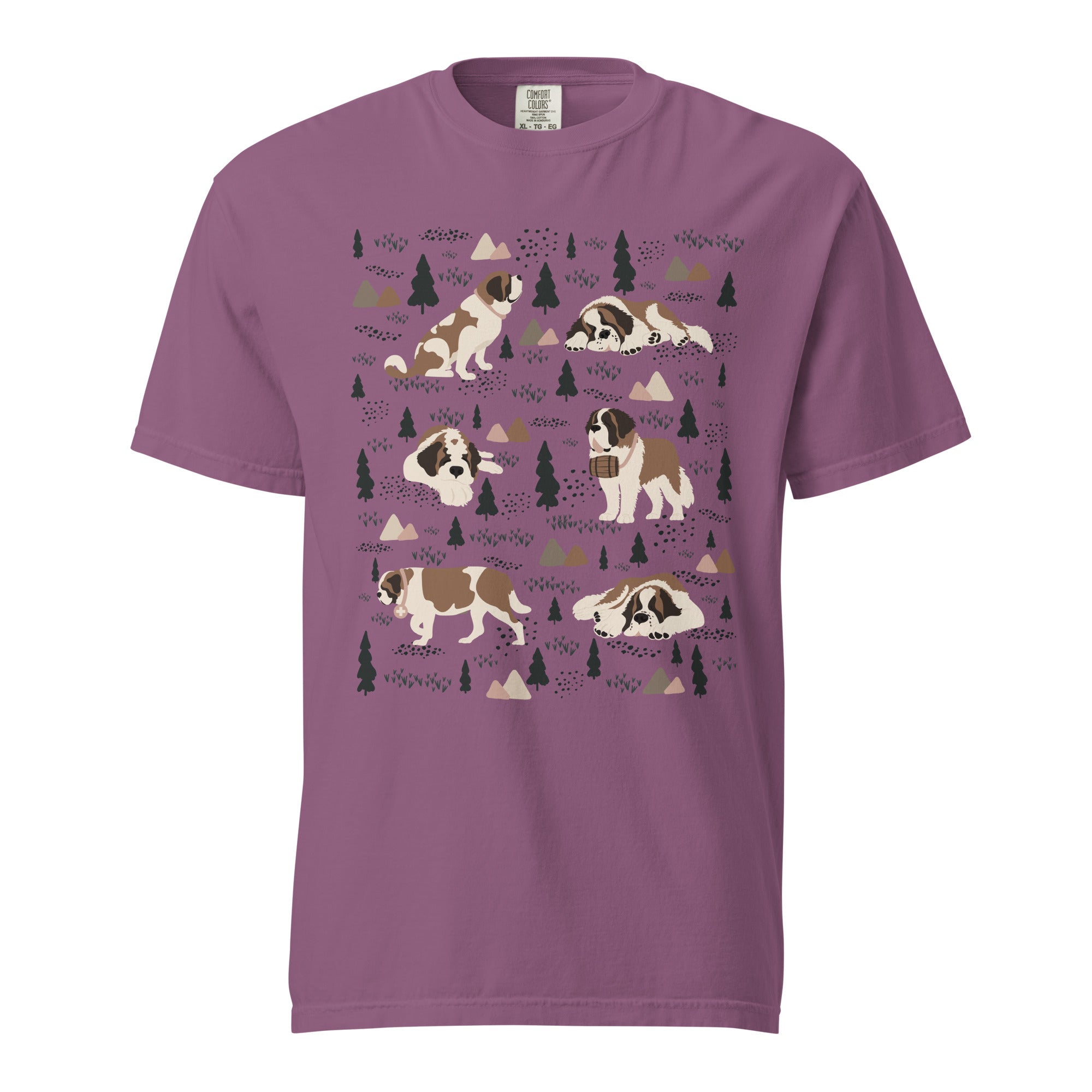 Comfort Colors Berry t-shirt featuring a woodland-themed Saint Bernard dog woodland and mountains pattern with six adorable Saint Bernards in various poses, perfect Saint Bernard gift for dog lovers.
