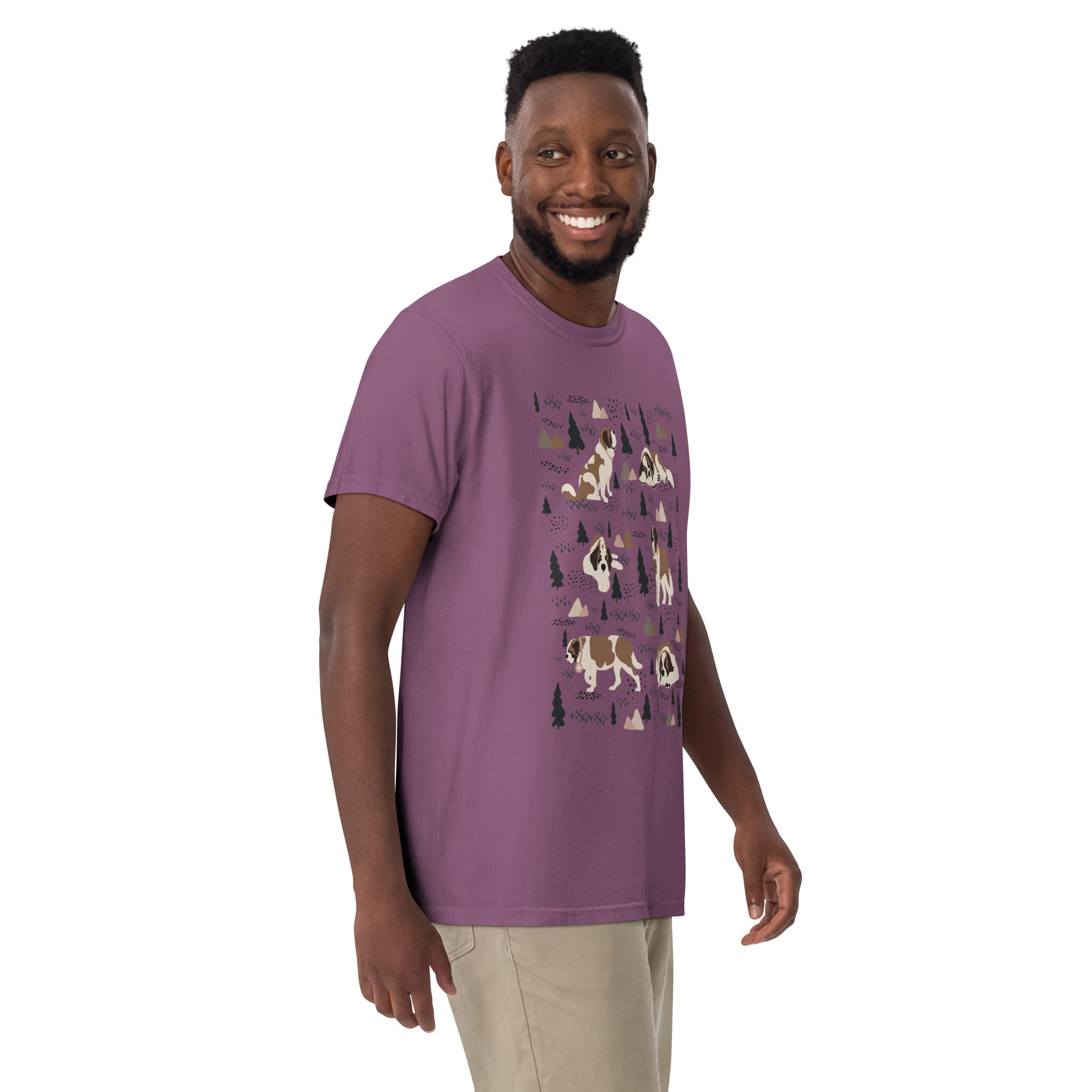 Comfort Colors Berry t-shirt featuring a woodland-themed Saint Bernard dog woodland and mountains pattern with six adorable Saint Bernards in various poses, perfect Saint Bernard gift for dog lovers.