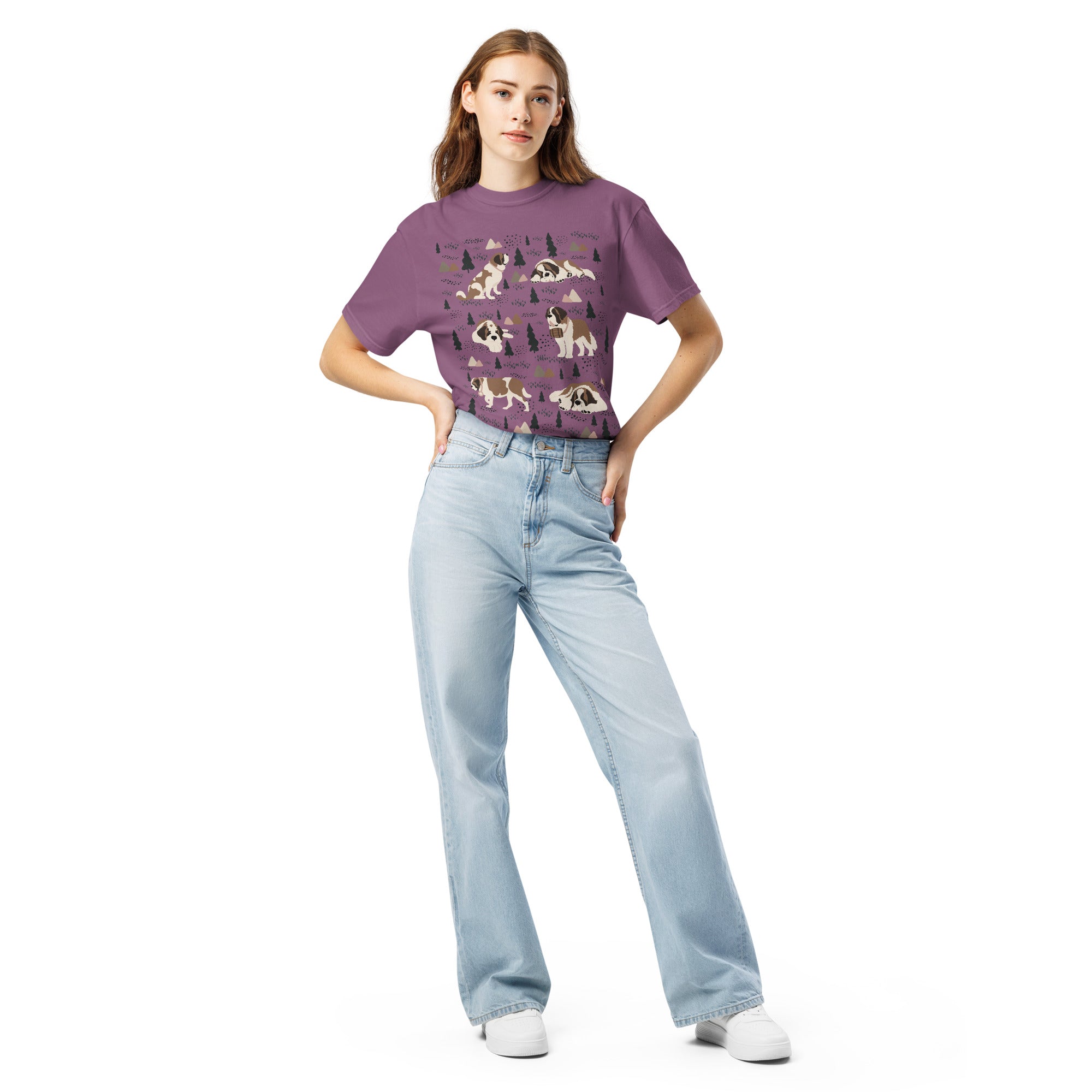 Comfort Colors Berry t-shirt featuring a woodland-themed Saint Bernard dog woodland and mountains pattern with six adorable Saint Bernards in various poses, perfect Saint Bernard gift for dog lovers.
