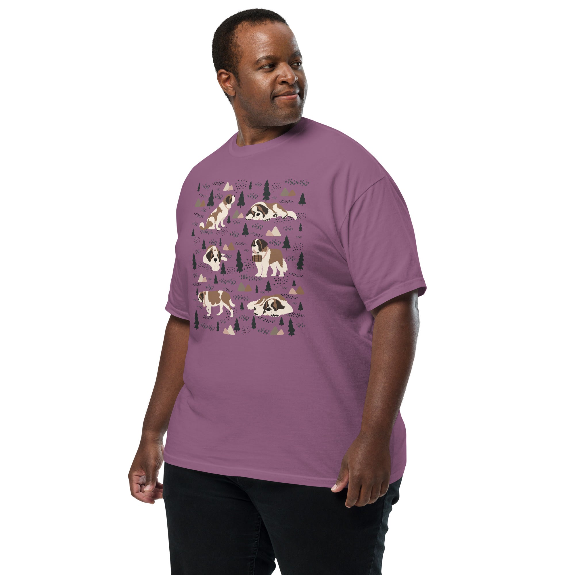 Comfort Colors Berry t-shirt featuring a woodland-themed Saint Bernard dog woodland and mountains pattern with six adorable Saint Bernards in various poses, perfect Saint Bernard gift for dog lovers.