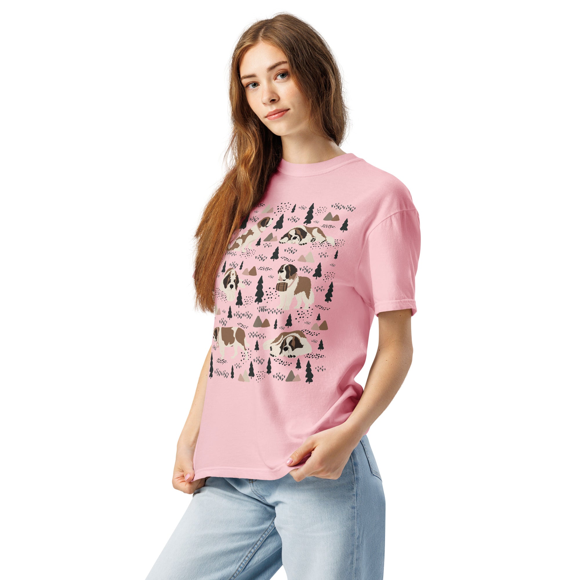 Comfort Colors Blossom t-shirt featuring a woodland-themed Saint Bernard dog woodland and mountains pattern with six adorable Saint Bernards in various poses, perfect Saint Bernard gift for dog lovers.