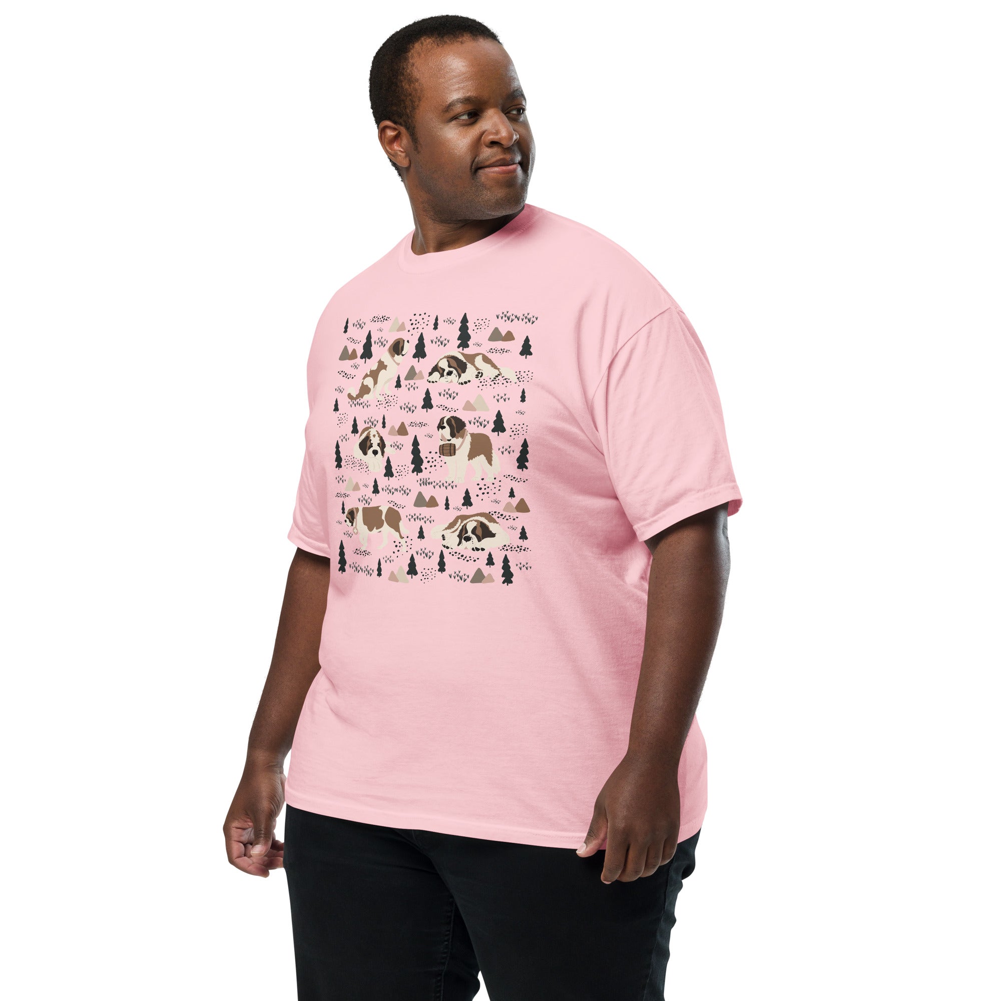 Comfort Colors Blossom t-shirt featuring a woodland-themed Saint Bernard dog woodland and mountains pattern with six adorable Saint Bernards in various poses, perfect Saint Bernard gift for dog lovers.