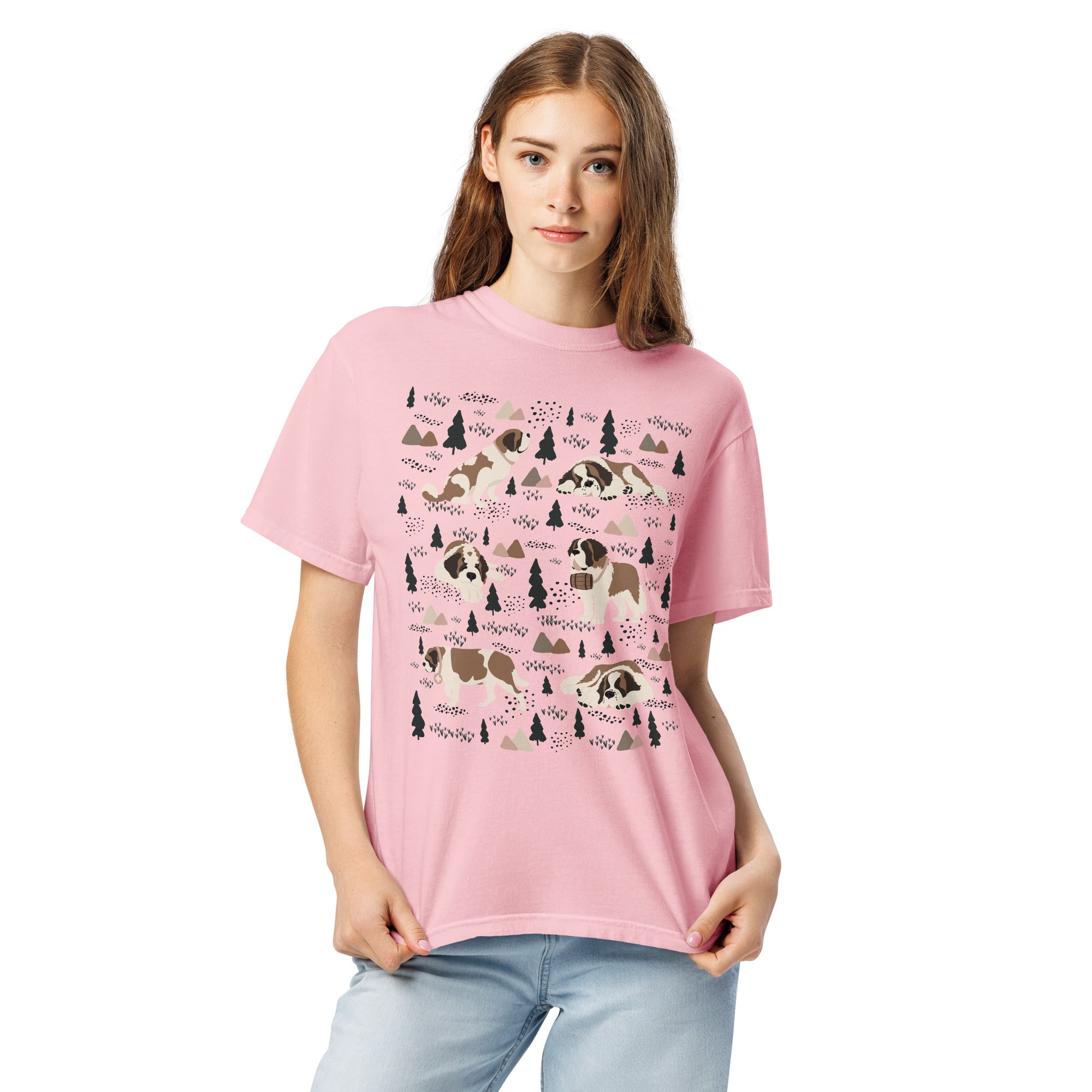 Comfort Colors Blossom t-shirt featuring a woodland-themed Saint Bernard dog woodland and mountains pattern with six adorable Saint Bernards in various poses, perfect Saint Bernard gift for dog lovers.