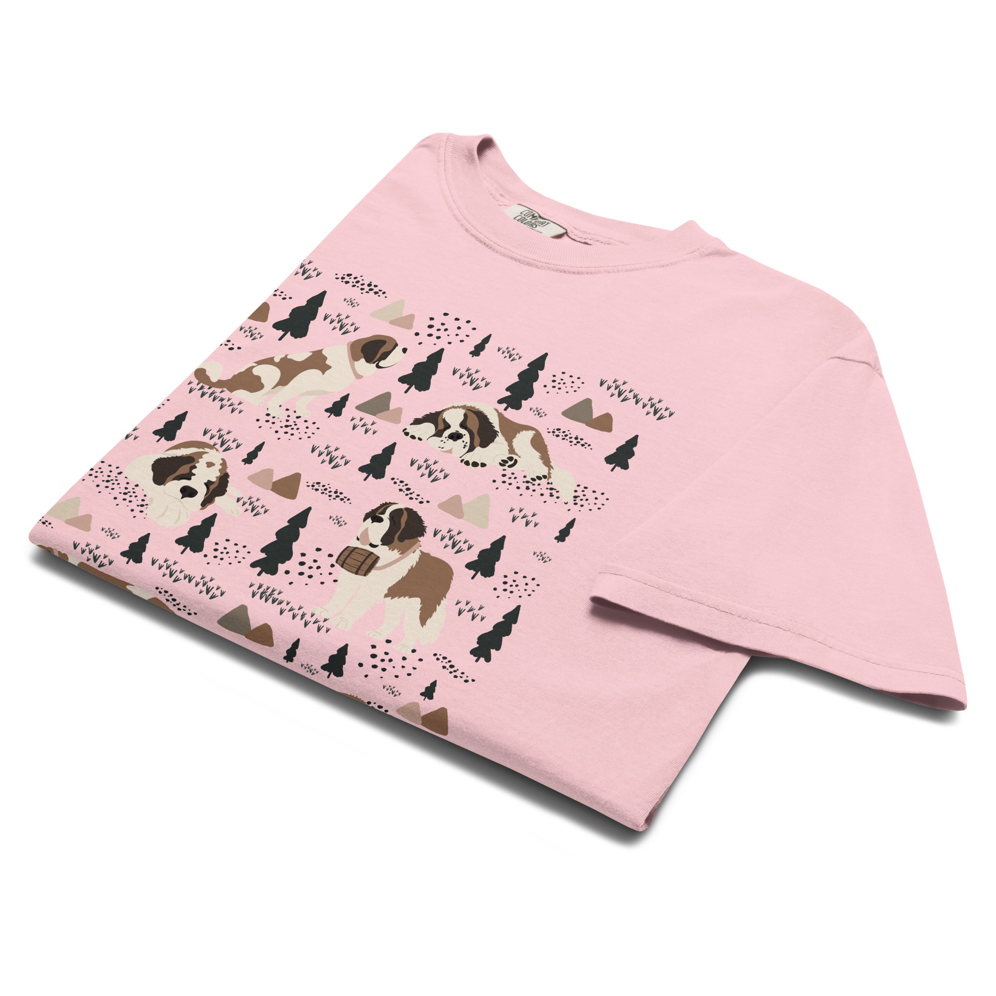 Comfort Colors Blossom t-shirt featuring a woodland-themed Saint Bernard dog woodland and mountains pattern with six adorable Saint Bernards in various poses, perfect Saint Bernard gift for dog lovers.