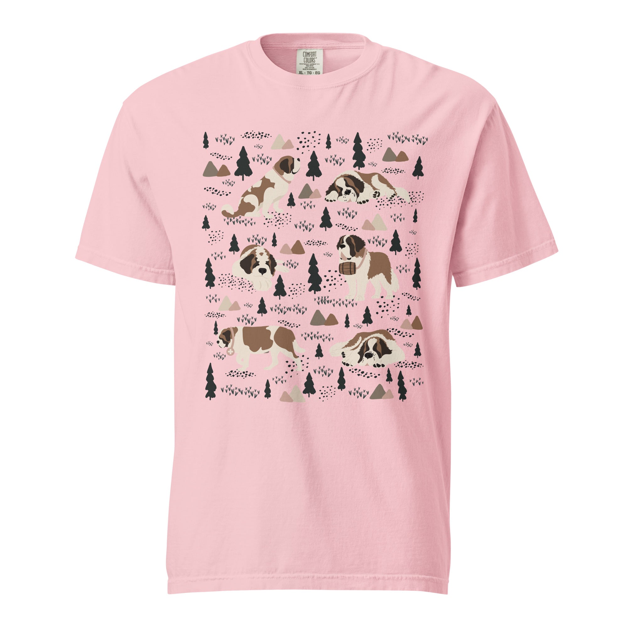 Comfort Colors Blossom t-shirt featuring a woodland-themed Saint Bernard dog woodland and mountains pattern with six adorable Saint Bernards in various poses, perfect Saint Bernard gift for dog lovers.