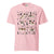 Comfort Colors Blossom t-shirt featuring a woodland-themed Saint Bernard dog woodland and mountains pattern with six adorable Saint Bernards in various poses, perfect Saint Bernard gift for dog lovers.