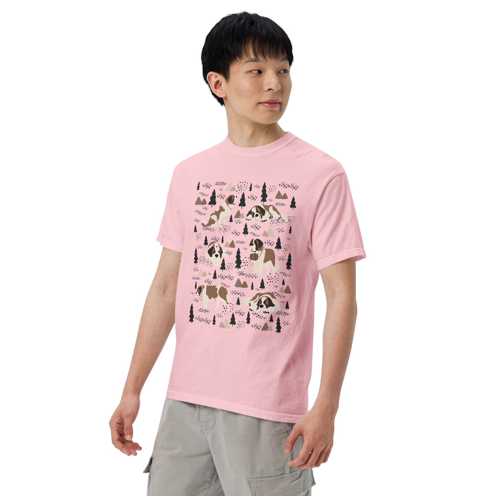 Comfort Colors Blossom t-shirt featuring a woodland-themed Saint Bernard dog woodland and mountains pattern with six adorable Saint Bernards in various poses, perfect Saint Bernard gift for dog lovers.