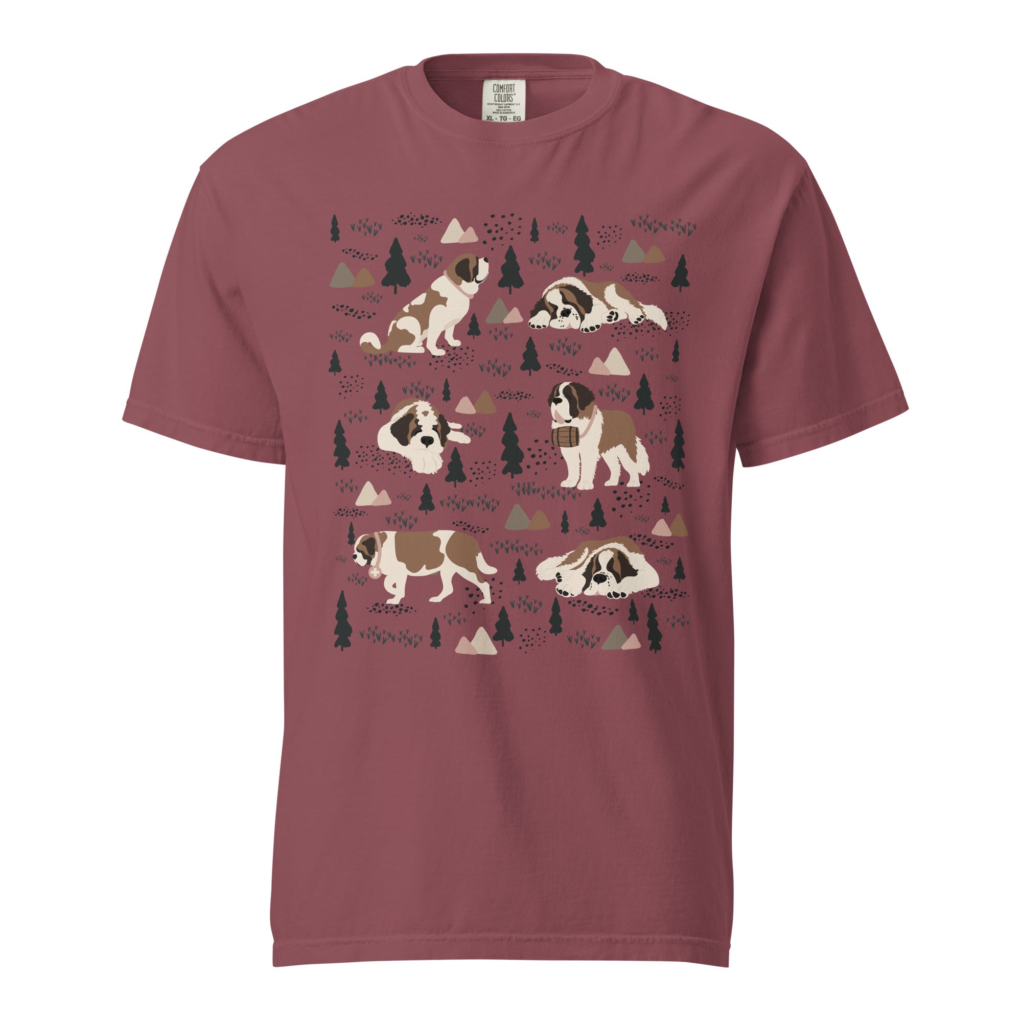 Comfort Colors Brick t-shirt featuring a woodland-themed Saint Bernard dog woodland and mountains pattern with six adorable Saint Bernards in various poses, perfect Saint Bernard gift for dog lovers.