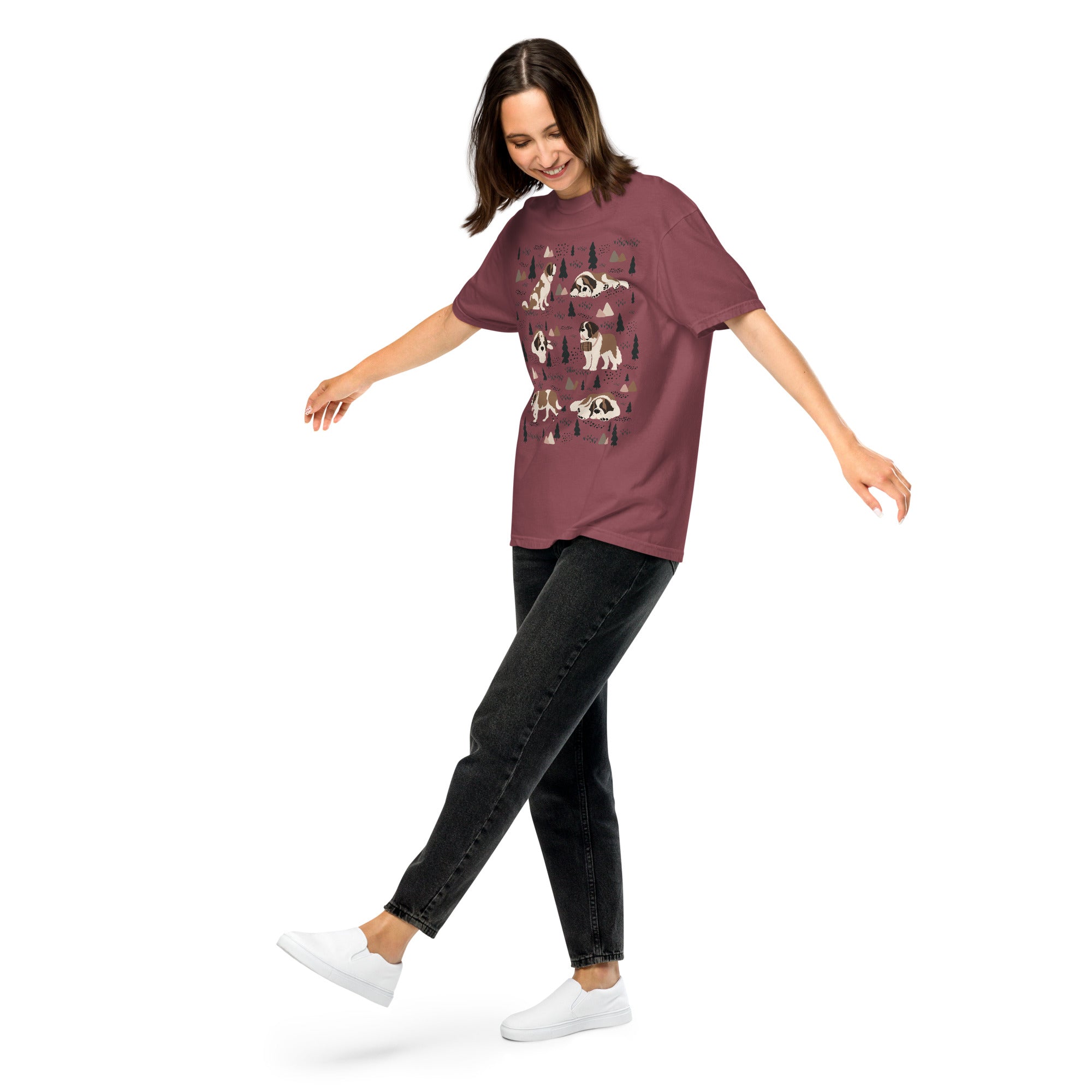 Comfort Colors Brick t-shirt featuring a woodland-themed Saint Bernard dog woodland and mountains pattern with six adorable Saint Bernards in various poses, perfect Saint Bernard gift for dog lovers.
