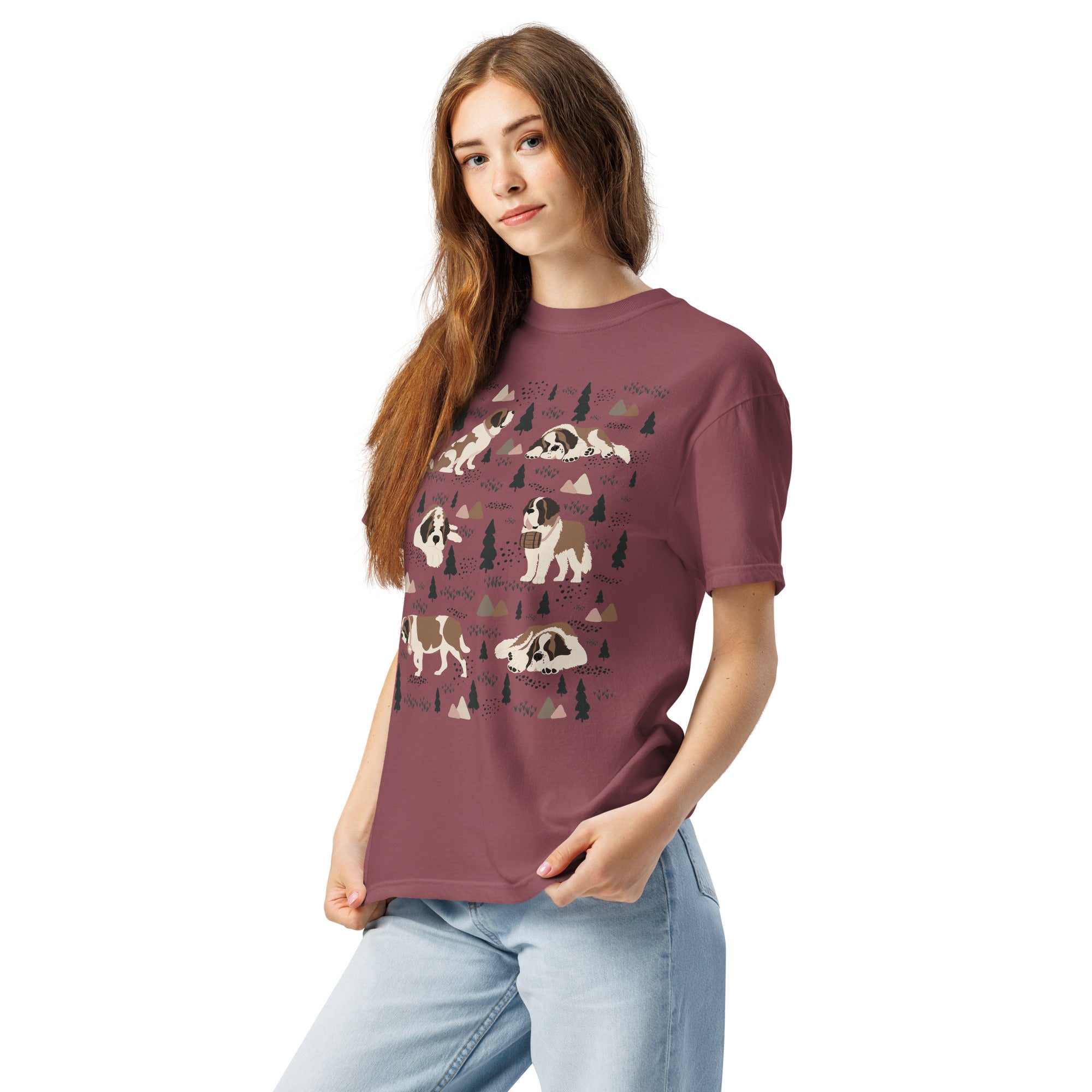 Comfort Colors Brick t-shirt featuring a woodland-themed Saint Bernard dog woodland and mountains pattern with six adorable Saint Bernards in various poses, perfect Saint Bernard gift for dog lovers.
