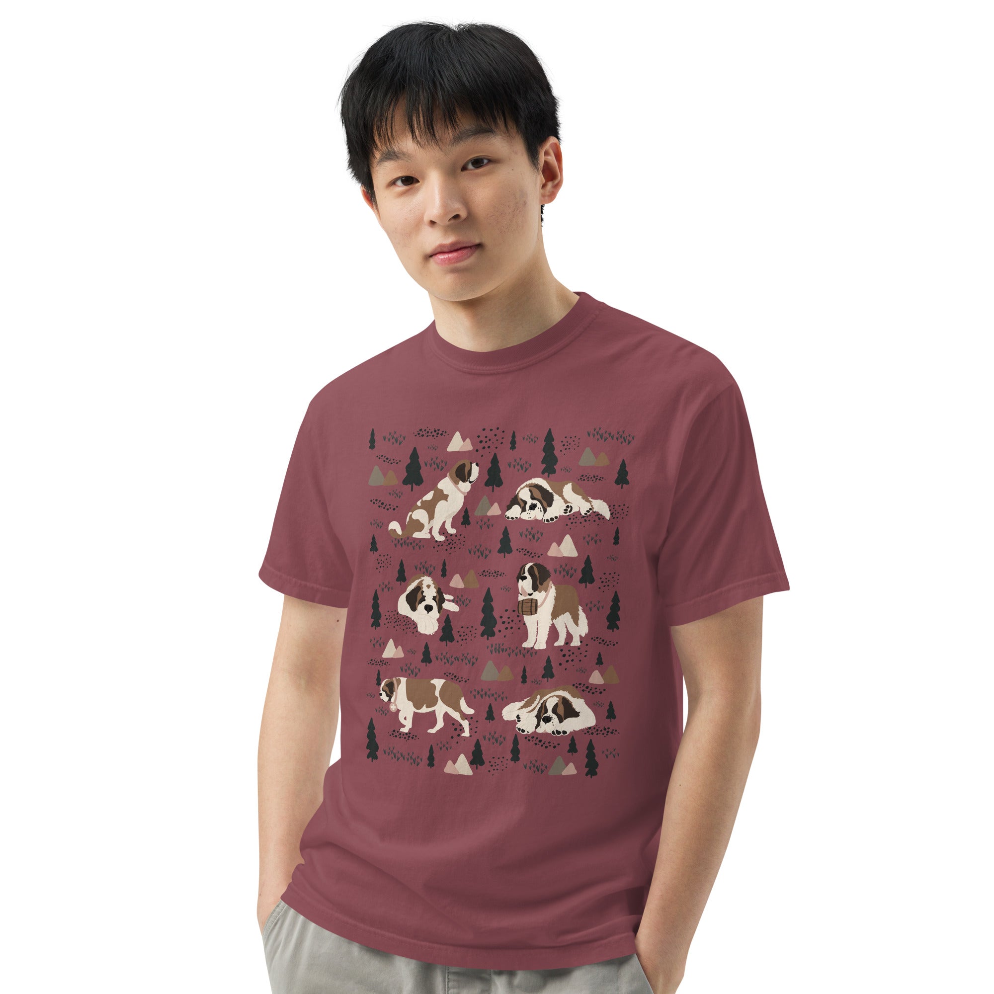 Comfort Colors Brick t-shirt featuring a woodland-themed Saint Bernard dog woodland and mountains pattern with six adorable Saint Bernards in various poses, perfect Saint Bernard gift for dog lovers.