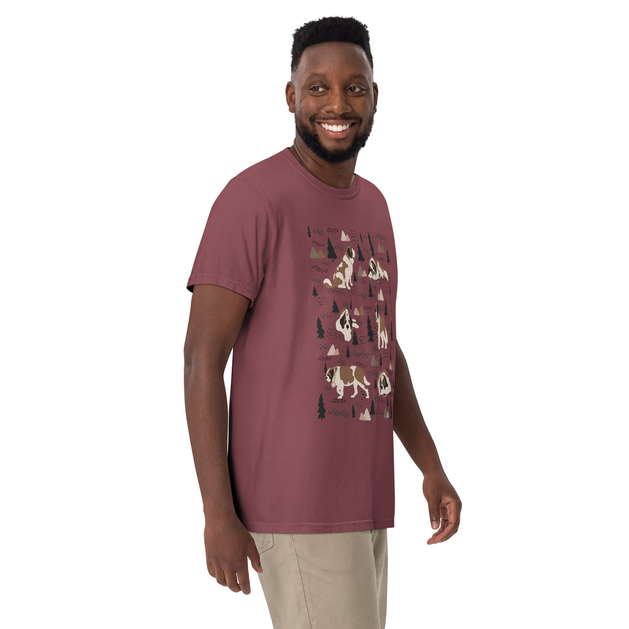 Comfort Colors Brick t-shirt featuring a woodland-themed Saint Bernard dog woodland and mountains pattern with six adorable Saint Bernards in various poses, perfect Saint Bernard gift for dog lovers.