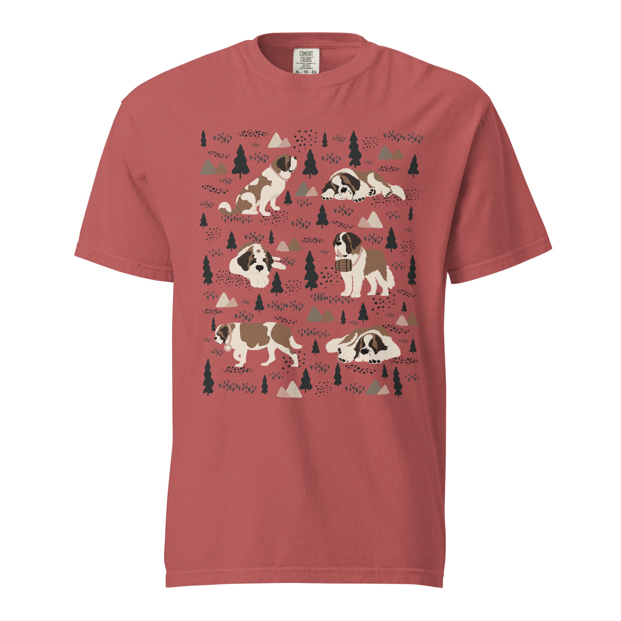 Comfort Colors Crimson t-shirt featuring a woodland-themed Saint Bernard dog woodland and mountains pattern with six adorable Saint Bernards in various poses, perfect Saint Bernard gift for dog lovers.