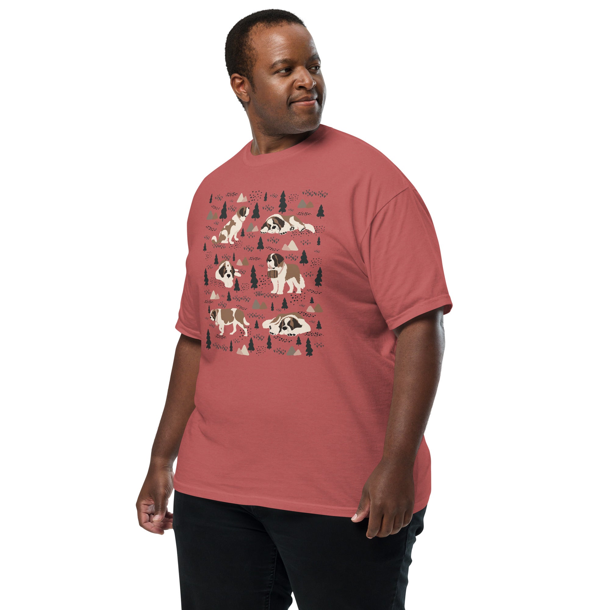 Comfort Colors Crimson t-shirt featuring a woodland-themed Saint Bernard dog woodland and mountains pattern with six adorable Saint Bernards in various poses, perfect Saint Bernard gift for dog lovers.