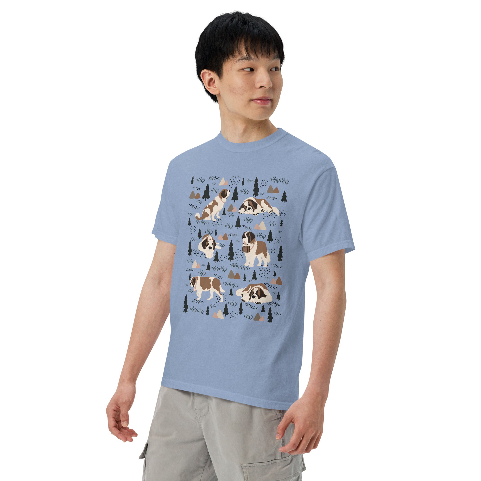 Comfort Colors Denim t-shirt featuring a woodland-themed Saint Bernard dog woodland and mountains pattern with six adorable Saint Bernards in various poses, perfect Saint Bernard gift for dog lovers.