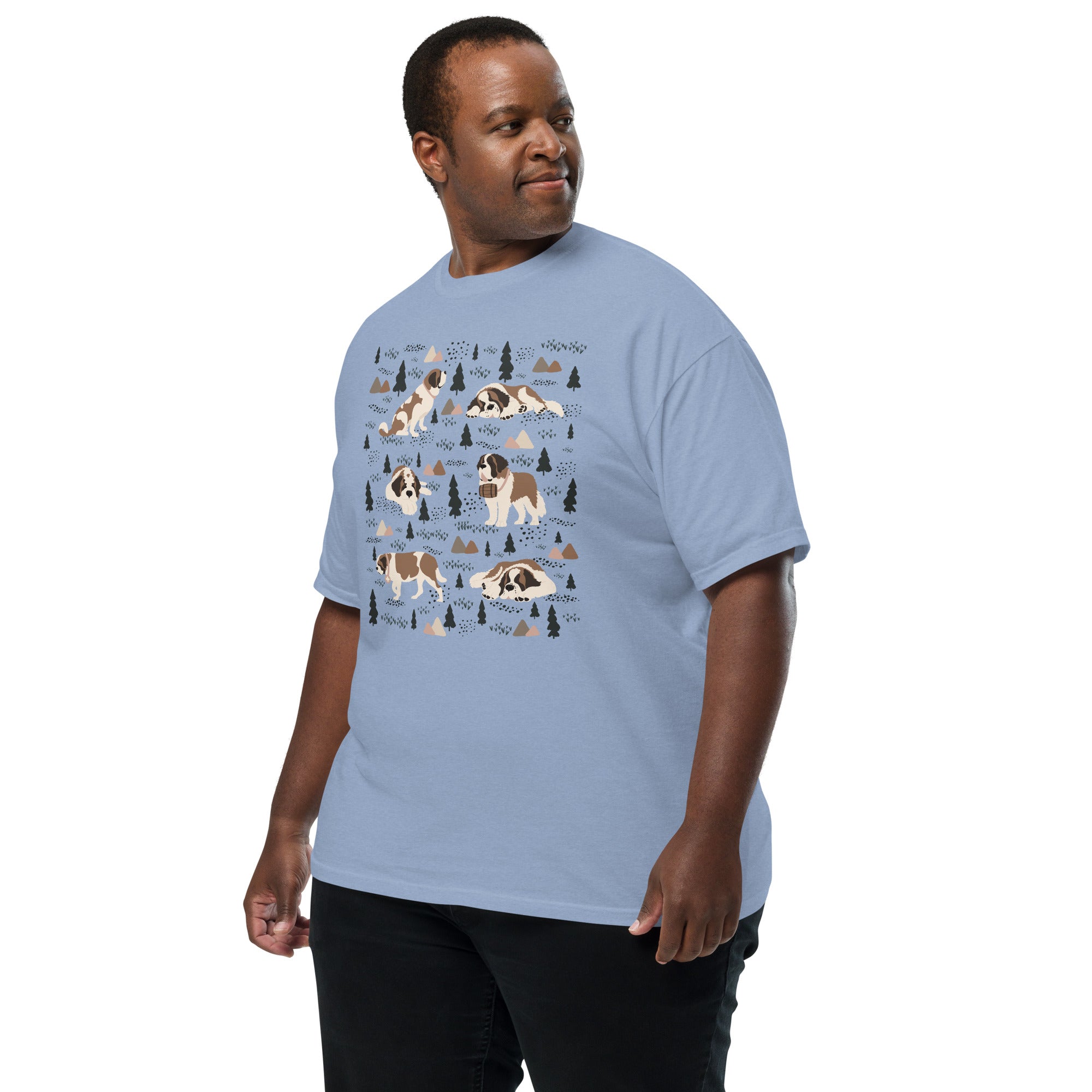 Comfort Colors Denim t-shirt featuring a woodland-themed Saint Bernard dog woodland and mountains pattern with six adorable Saint Bernards in various poses, perfect Saint Bernard gift for dog lovers.