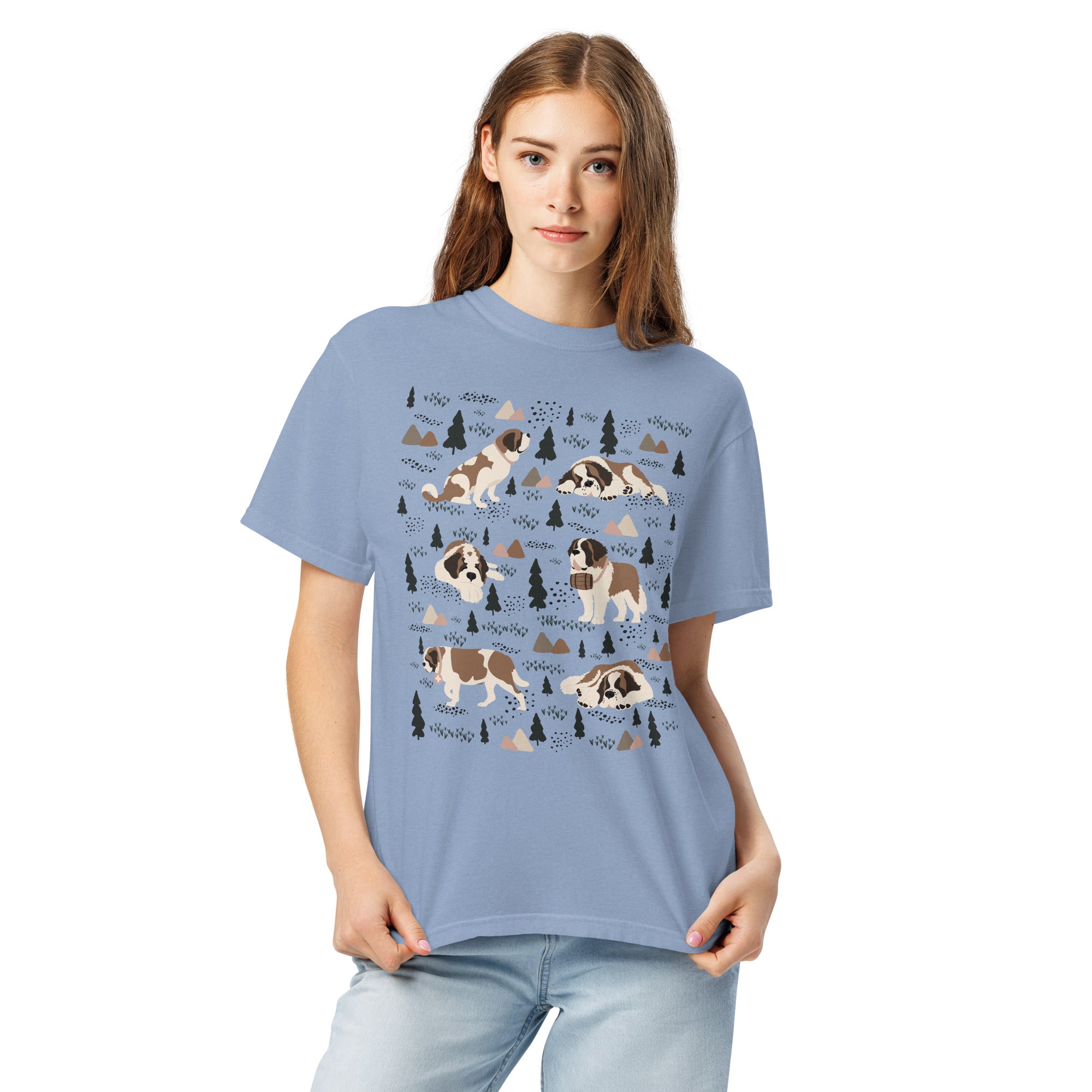Comfort Colors Denim t-shirt featuring a woodland-themed Saint Bernard dog woodland and mountains pattern with six adorable Saint Bernards in various poses, perfect Saint Bernard gift for dog lovers.