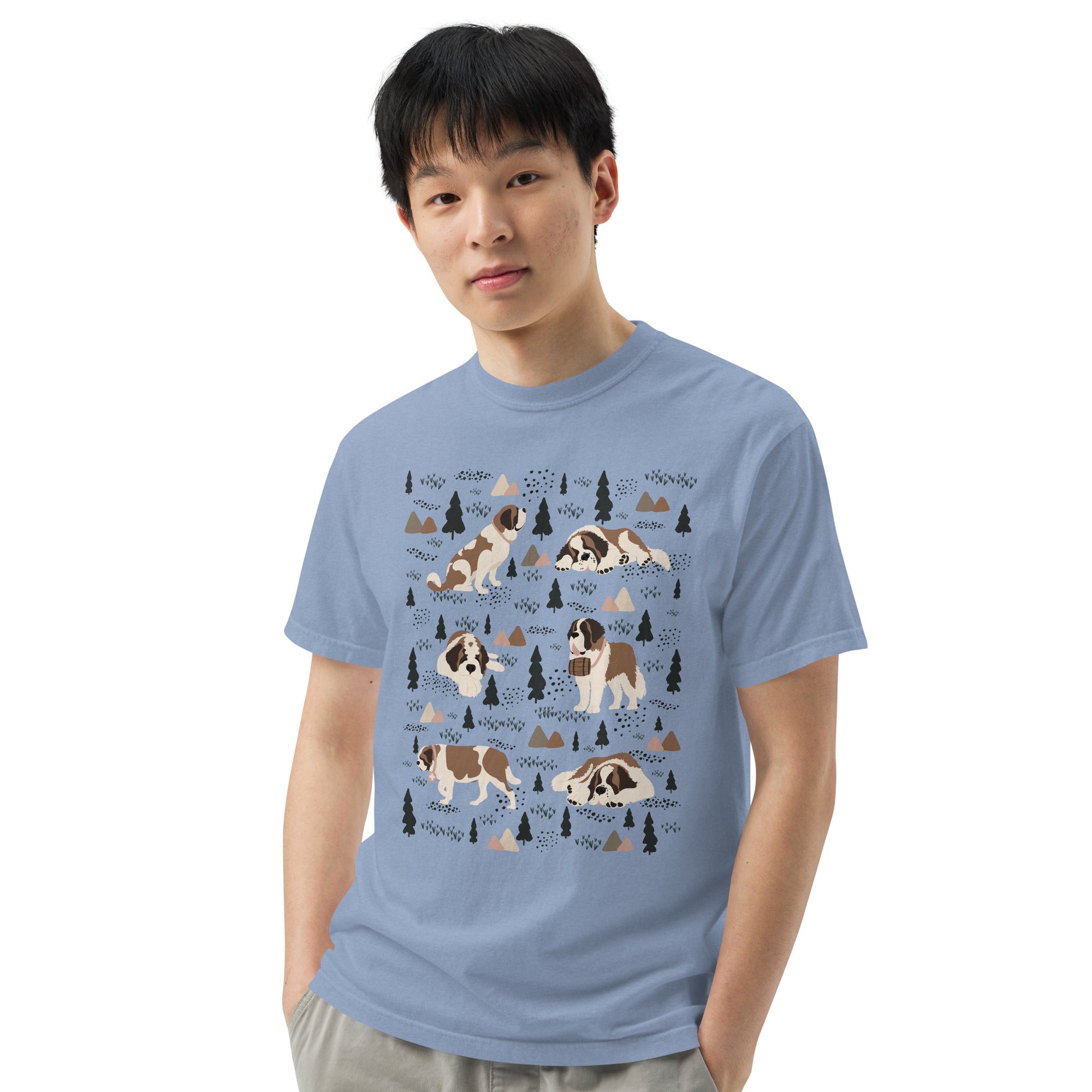 Comfort Colors Denim t-shirt featuring a woodland-themed Saint Bernard dog woodland and mountains pattern with six adorable Saint Bernards in various poses, perfect Saint Bernard gift for dog lovers.