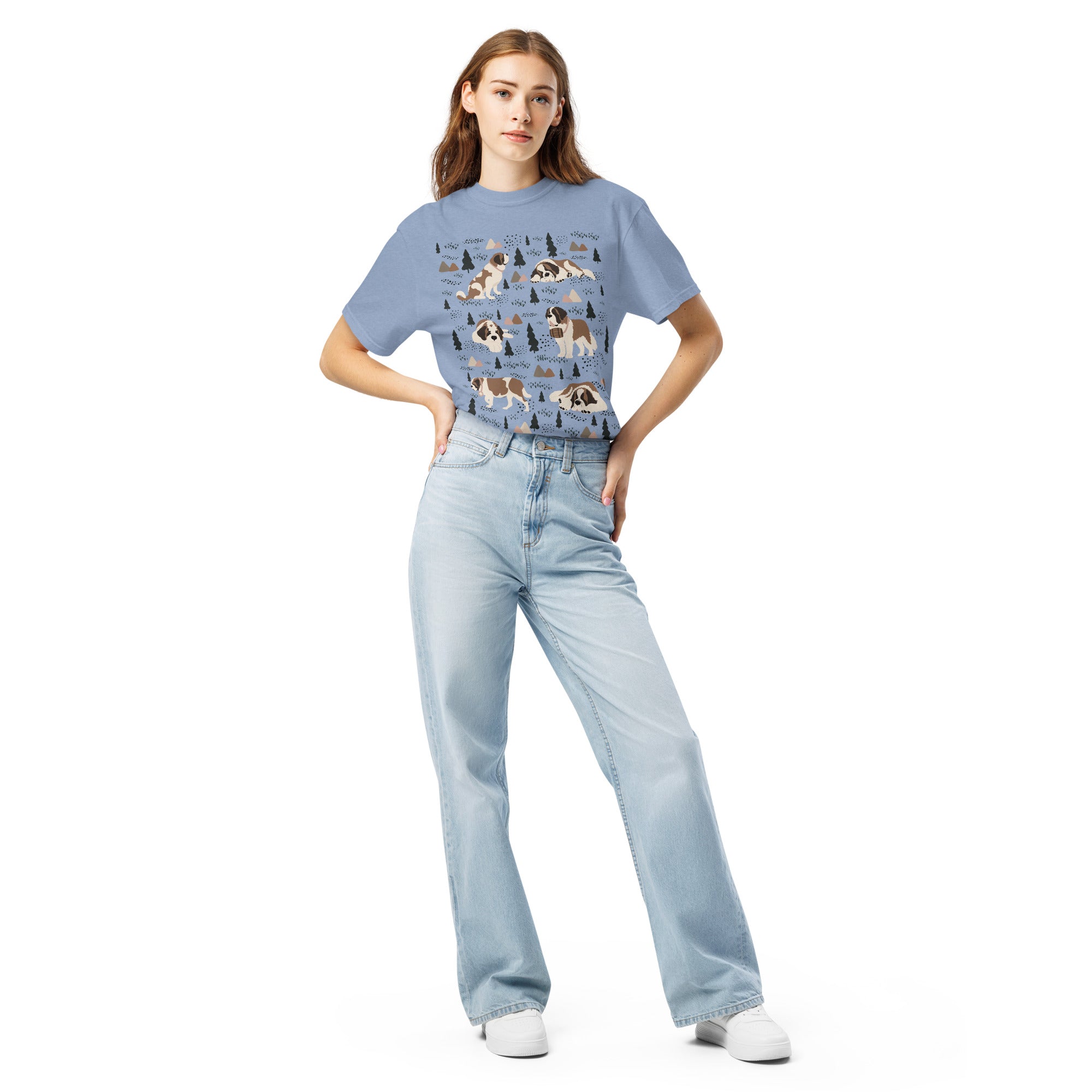 Comfort Colors Denim t-shirt featuring a woodland-themed Saint Bernard dog woodland and mountains pattern with six adorable Saint Bernards in various poses, perfect Saint Bernard gift for dog lovers.