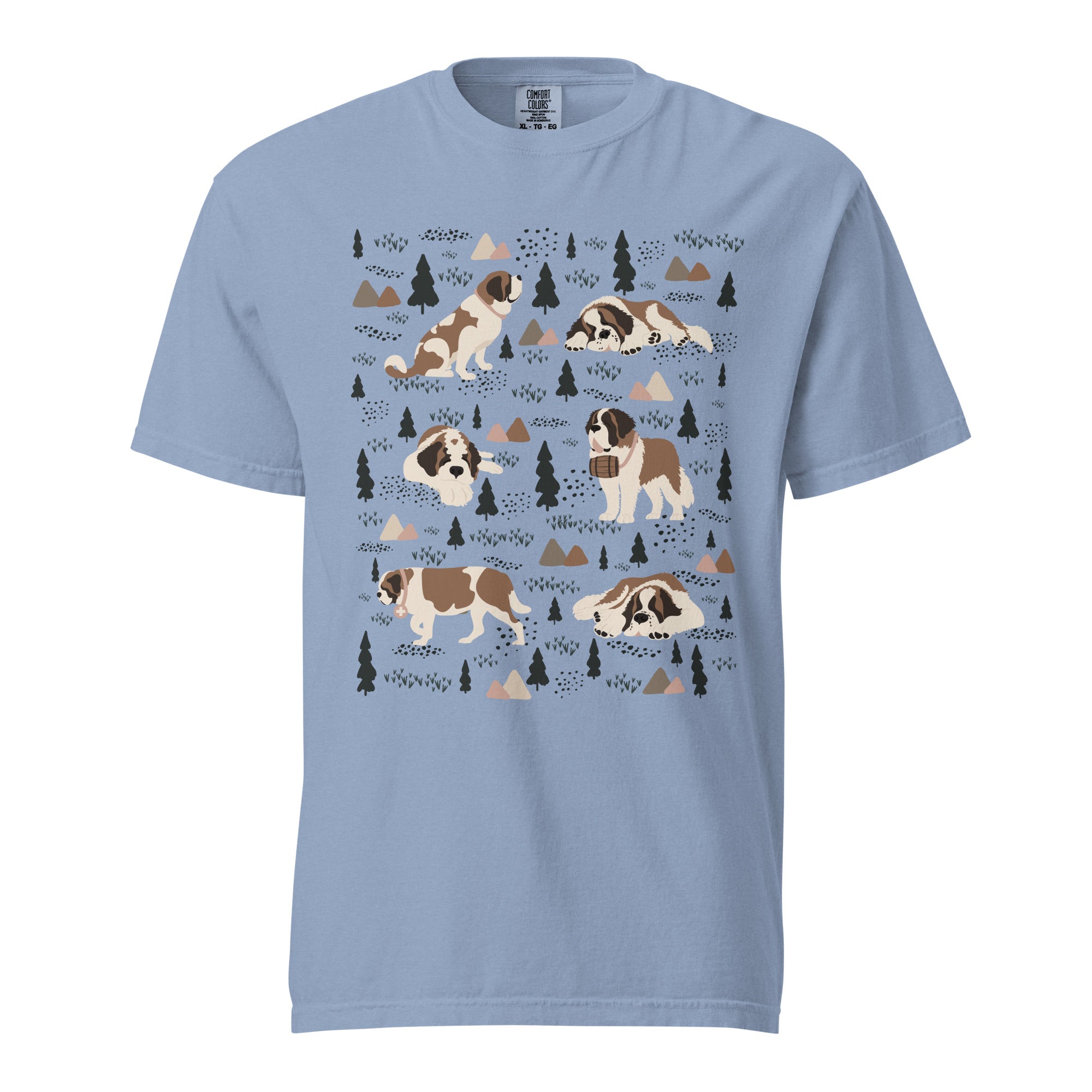 Comfort Colors Denim t-shirt featuring a woodland-themed Saint Bernard dog woodland and mountains pattern with six adorable Saint Bernards in various poses, perfect Saint Bernard gift for dog lovers.