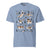 Comfort Colors Denim t-shirt featuring a woodland-themed Saint Bernard dog woodland and mountains pattern with six adorable Saint Bernards in various poses, perfect Saint Bernard gift for dog lovers.