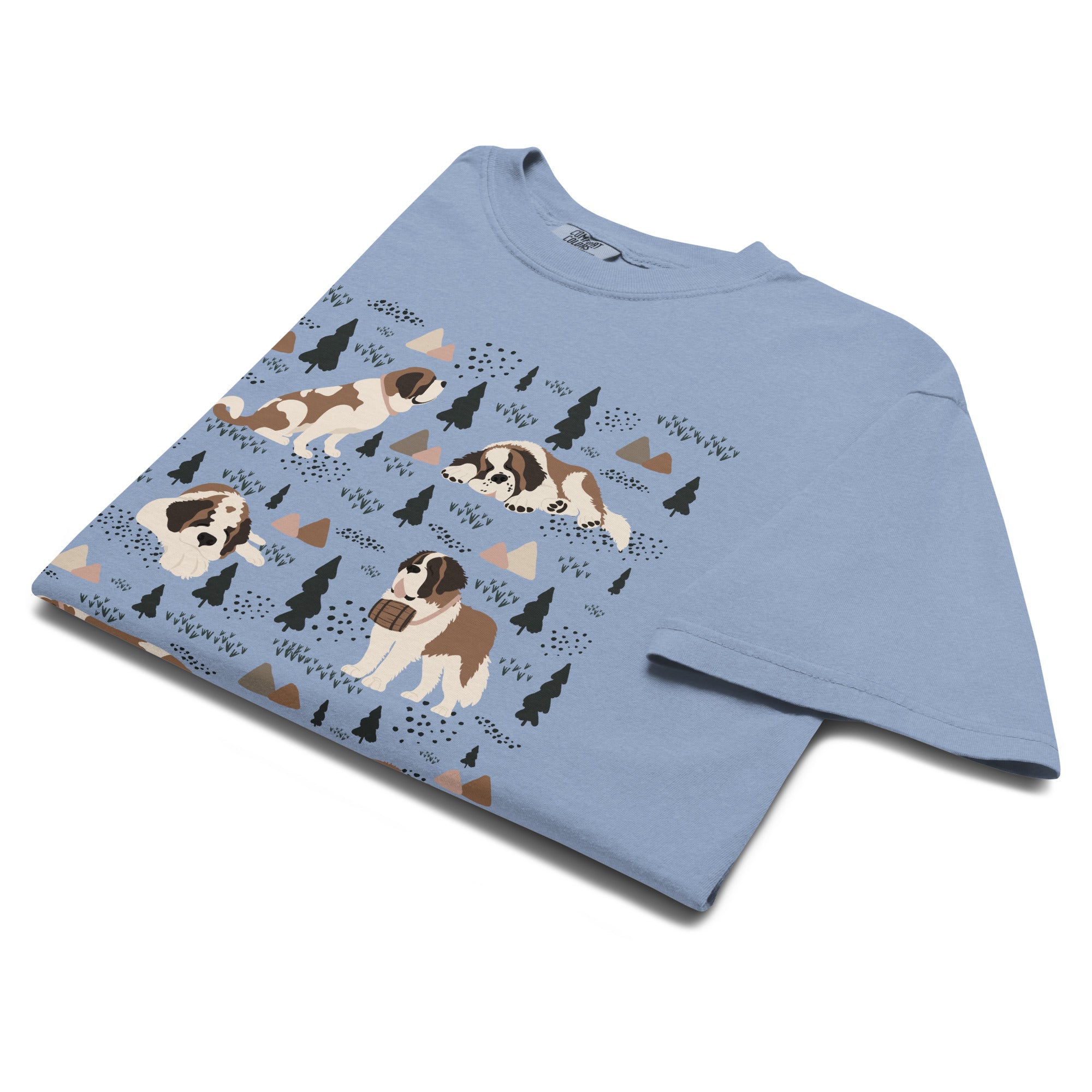 Comfort Colors Denim t-shirt featuring a woodland-themed Saint Bernard dog woodland and mountains pattern with six adorable Saint Bernards in various poses, perfect Saint Bernard gift for dog lovers.