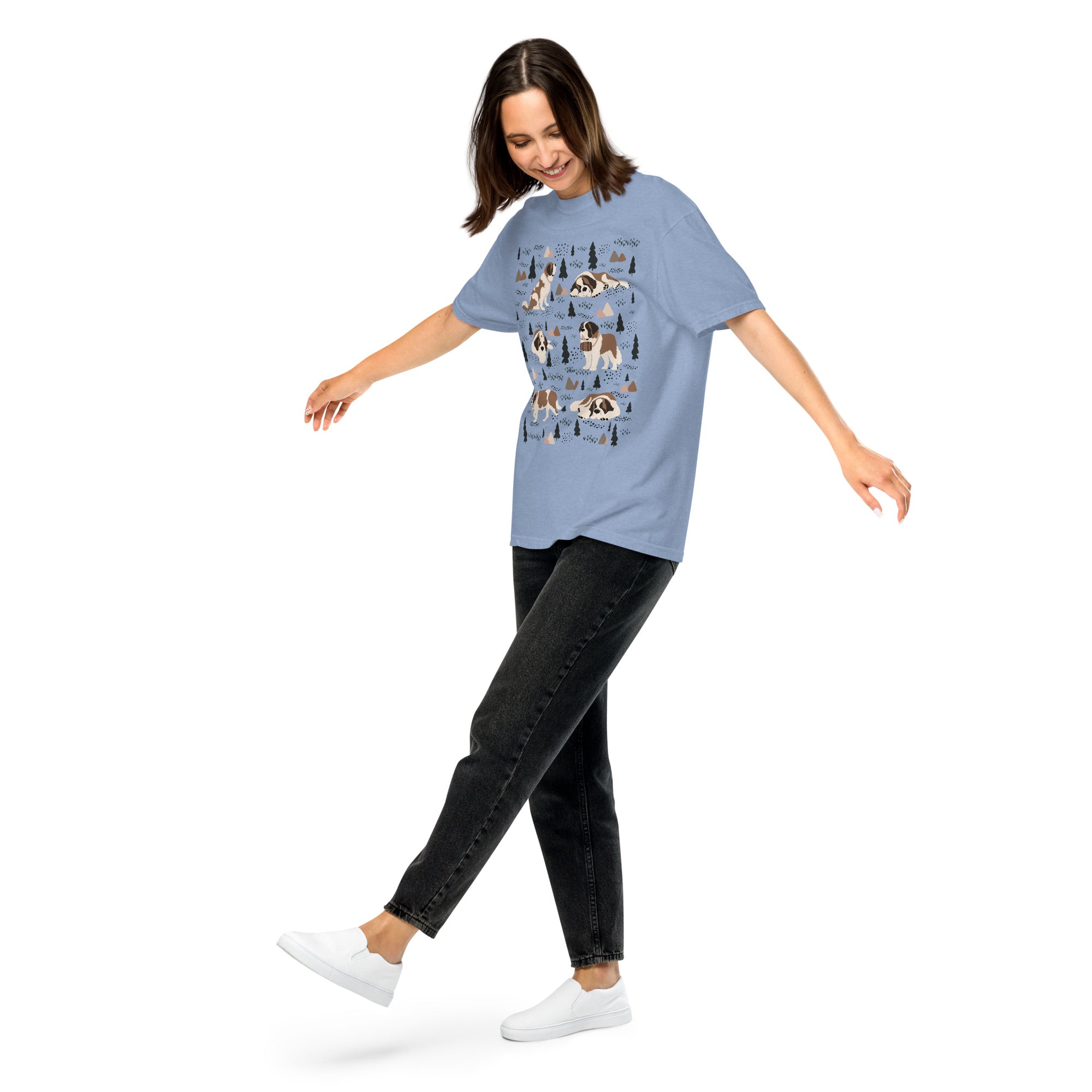 Comfort Colors Denim t-shirt featuring a woodland-themed Saint Bernard dog woodland and mountains pattern with six adorable Saint Bernards in various poses, perfect Saint Bernard gift for dog lovers.