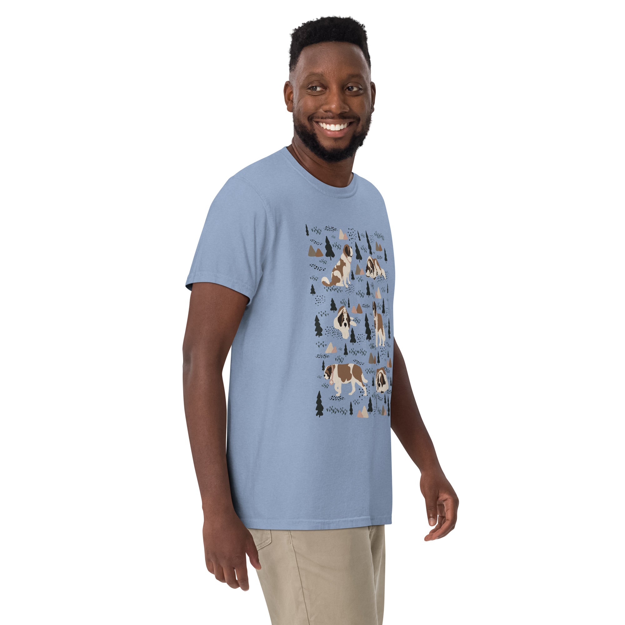 Comfort Colors Denim t-shirt featuring a woodland-themed Saint Bernard dog woodland and mountains pattern with six adorable Saint Bernards in various poses, perfect Saint Bernard gift for dog lovers.