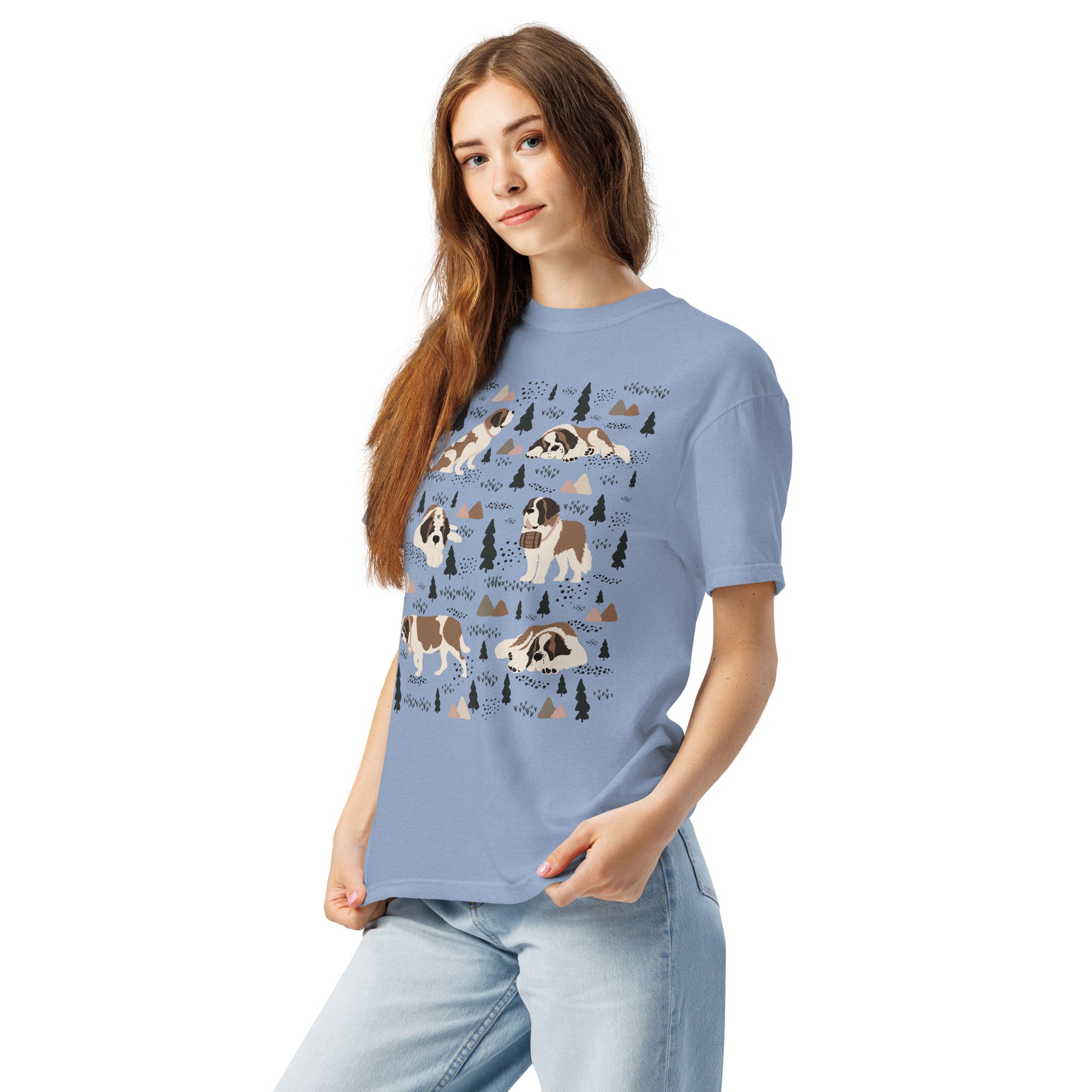Comfort Colors Denim t-shirt featuring a woodland-themed Saint Bernard dog woodland and mountains pattern with six adorable Saint Bernards in various poses, perfect Saint Bernard gift for dog lovers.
