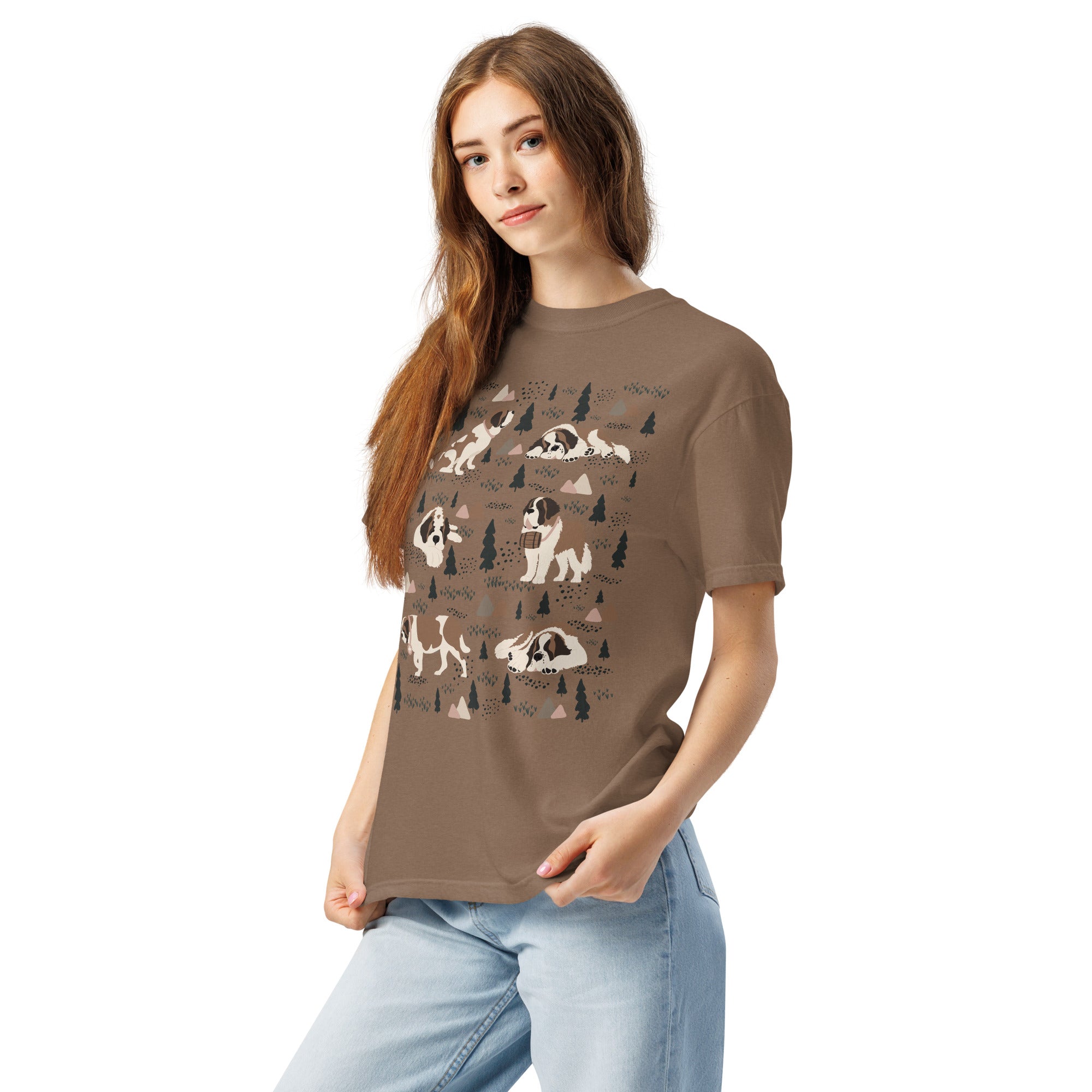 Comfort Colors Espresso t-shirt featuring a woodland-themed Saint Bernard dog woodland and mountains pattern with six adorable Saint Bernards in various poses, perfect Saint Bernard gift for dog lovers.