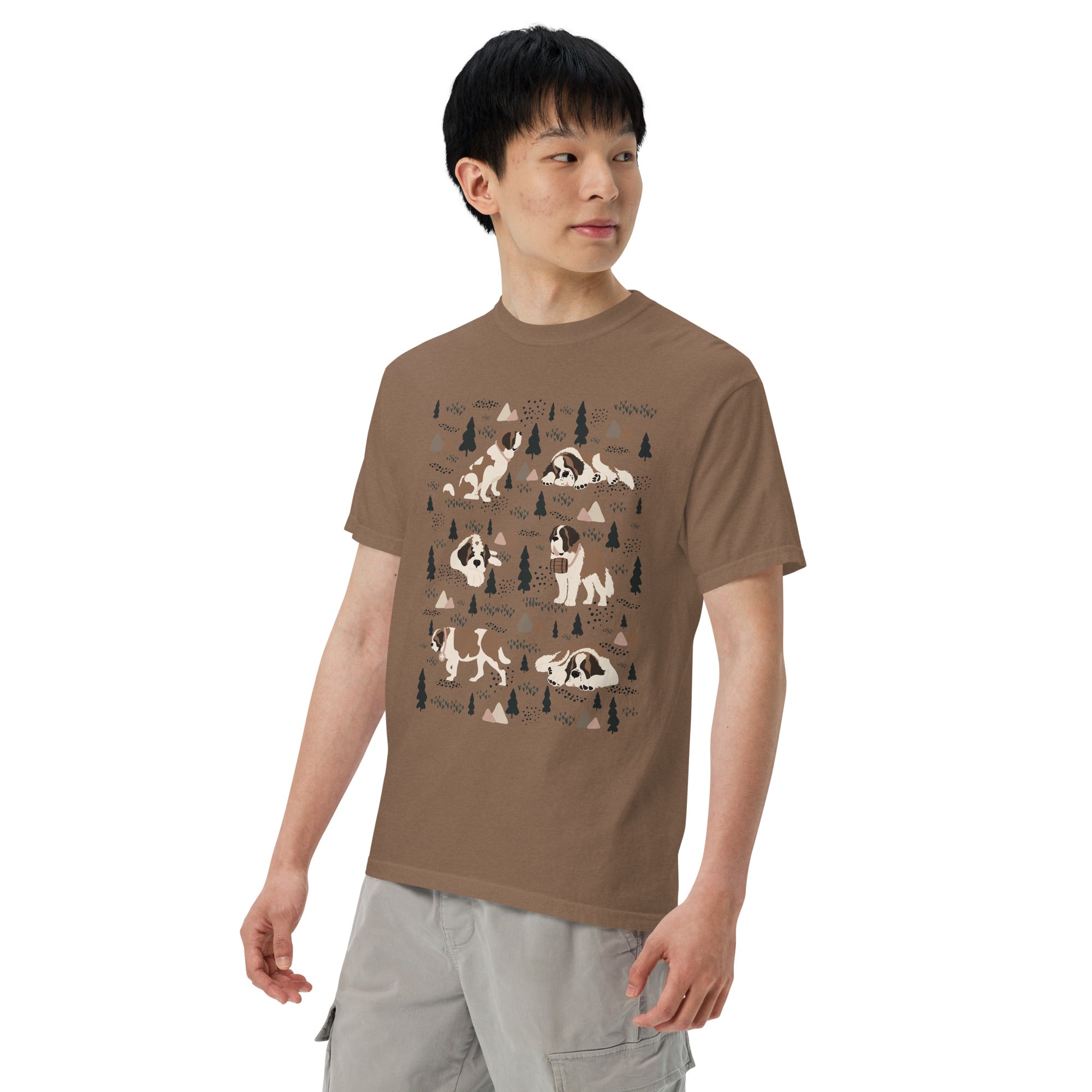 Comfort Colors Espresso t-shirt featuring a woodland-themed Saint Bernard dog woodland and mountains pattern with six adorable Saint Bernards in various poses, perfect Saint Bernard gift for dog lovers.
