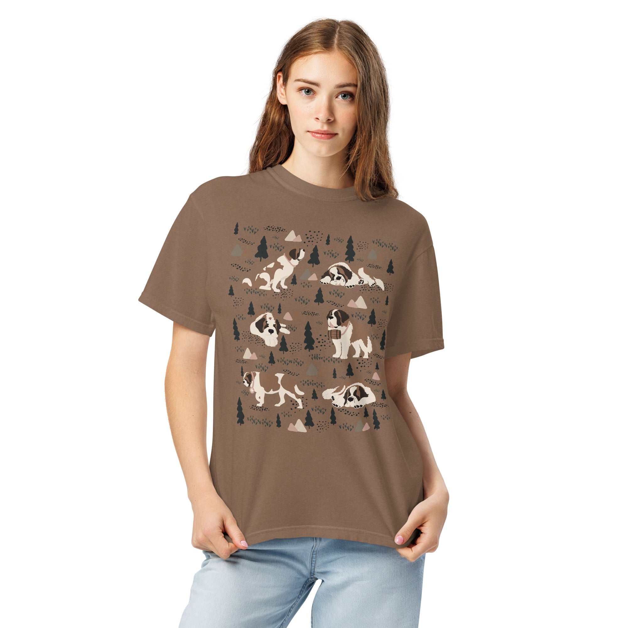 Comfort Colors Espresso t-shirt featuring a woodland-themed Saint Bernard dog woodland and mountains pattern with six adorable Saint Bernards in various poses, perfect Saint Bernard gift for dog lovers.