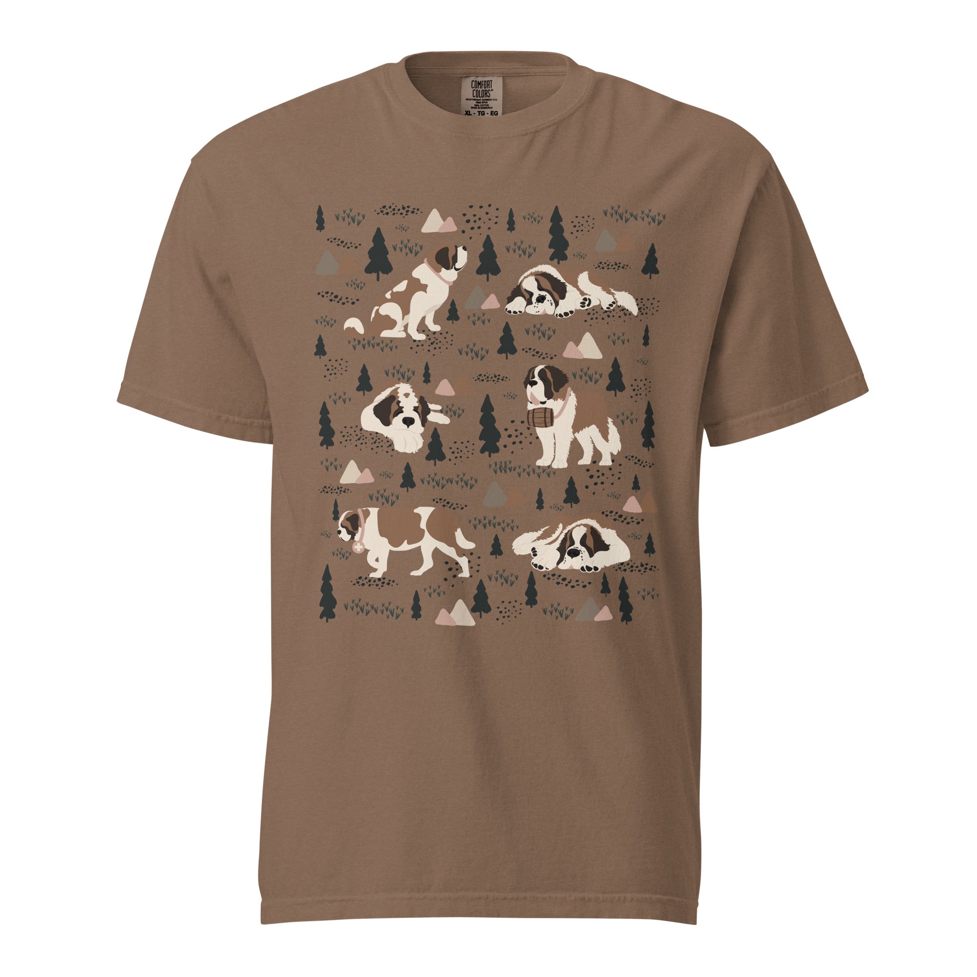 Comfort Colors Espresso t-shirt featuring a woodland-themed Saint Bernard dog woodland and mountains pattern with six adorable Saint Bernards in various poses, perfect Saint Bernard gift for dog lovers.