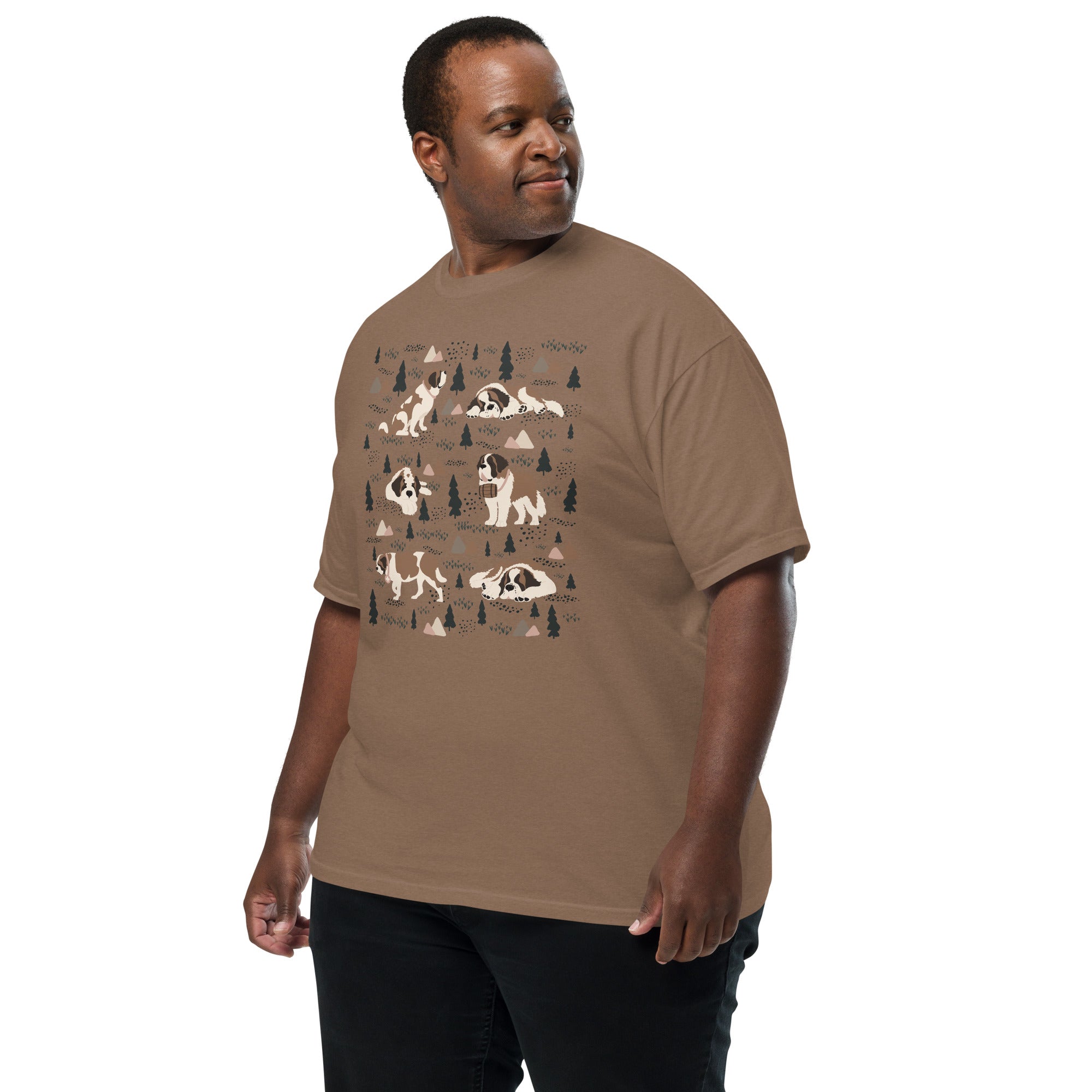 Comfort Colors Espresso t-shirt featuring a woodland-themed Saint Bernard dog woodland and mountains pattern with six adorable Saint Bernards in various poses, perfect Saint Bernard gift for dog lovers.