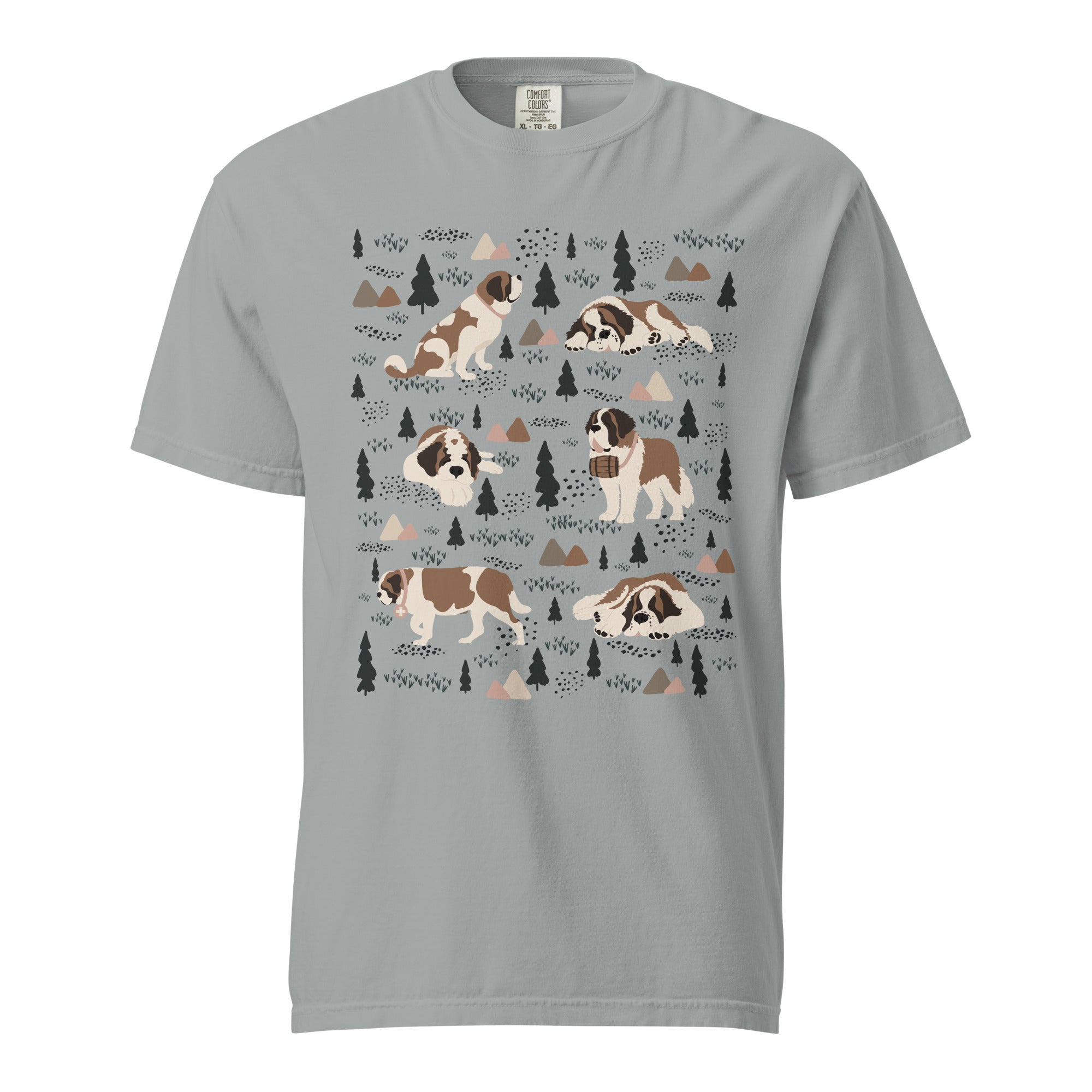 Comfort Colors Granite t-shirt featuring a woodland-themed Saint Bernard dog woodland and mountains pattern with six adorable Saint Bernards in various poses, perfect Saint Bernard gift for dog lovers.