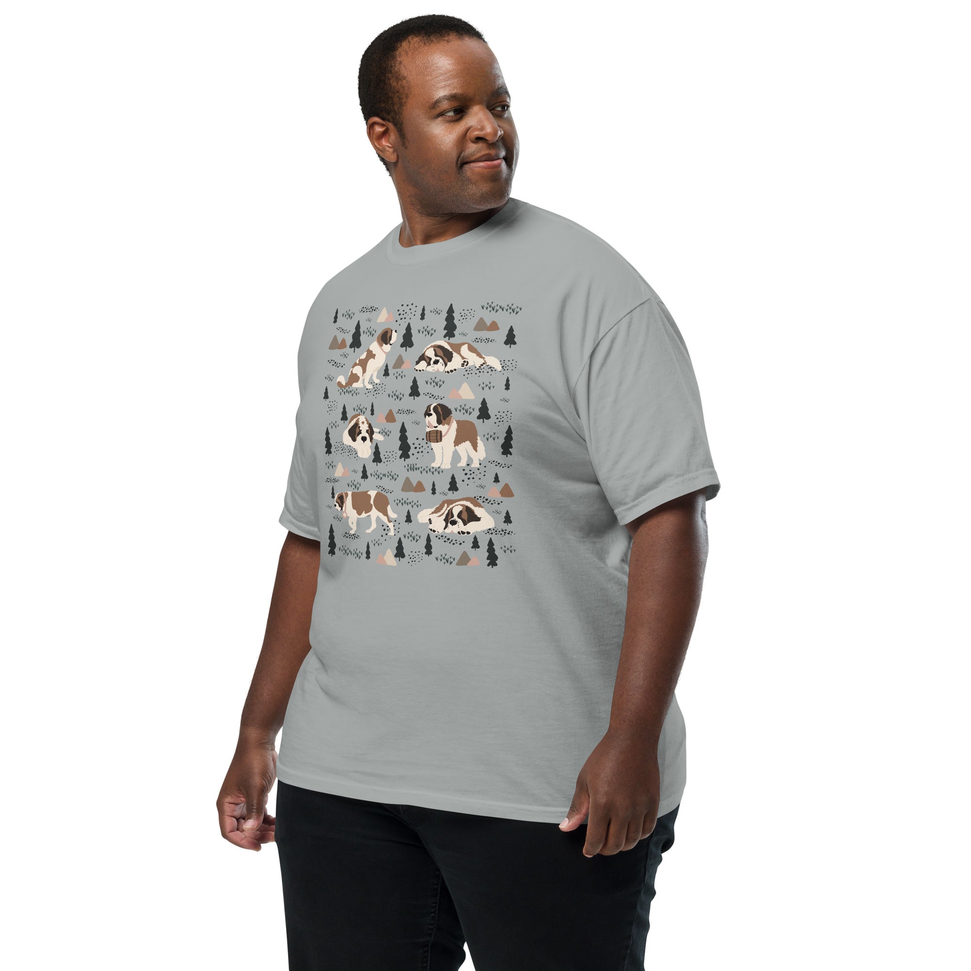 Comfort Colors Granite t-shirt featuring a woodland-themed Saint Bernard dog woodland and mountains pattern with six adorable Saint Bernards in various poses, perfect Saint Bernard gift for dog lovers.