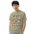Comfort Colors Khaki t-shirt featuring a woodland-themed Saint Bernard dog woodland and mountains pattern with six adorable Saint Bernards in various poses, perfect Saint Bernard gift for dog lovers.